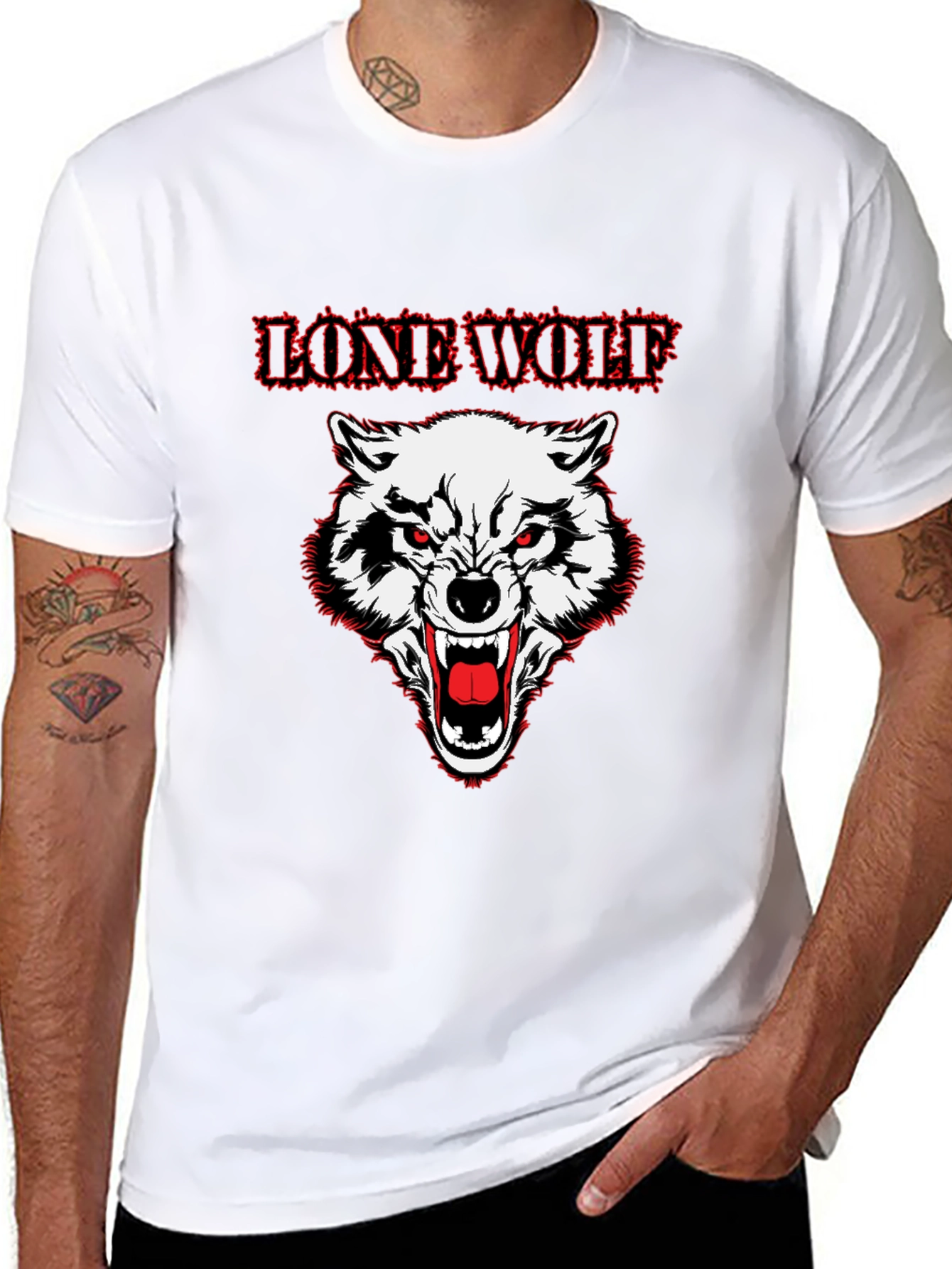 Lone Wolf Graphic Print Crew Neck T-Shirt - Black