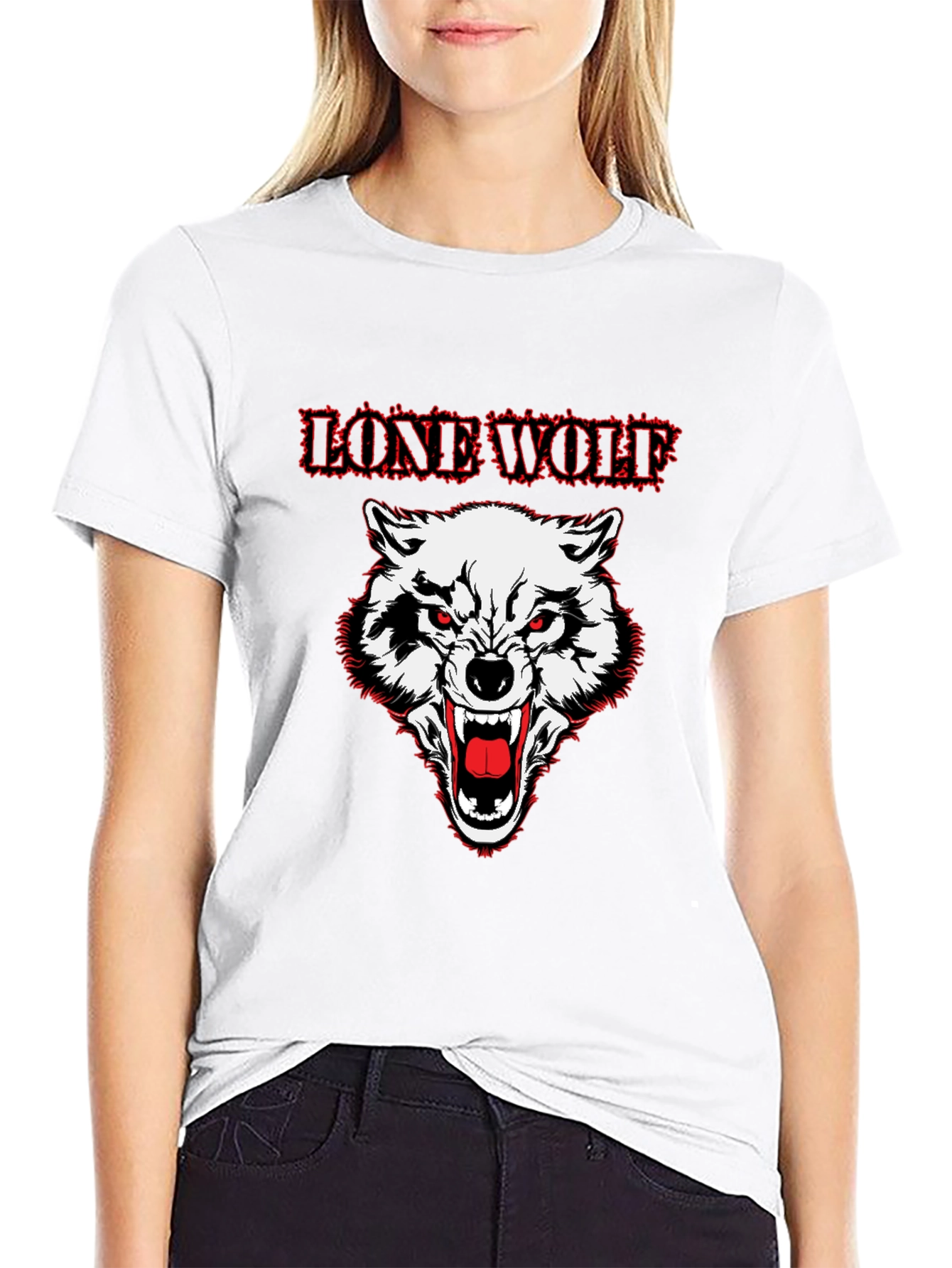 Lone Wolf Graphic Print Crew Neck T-Shirt - Black