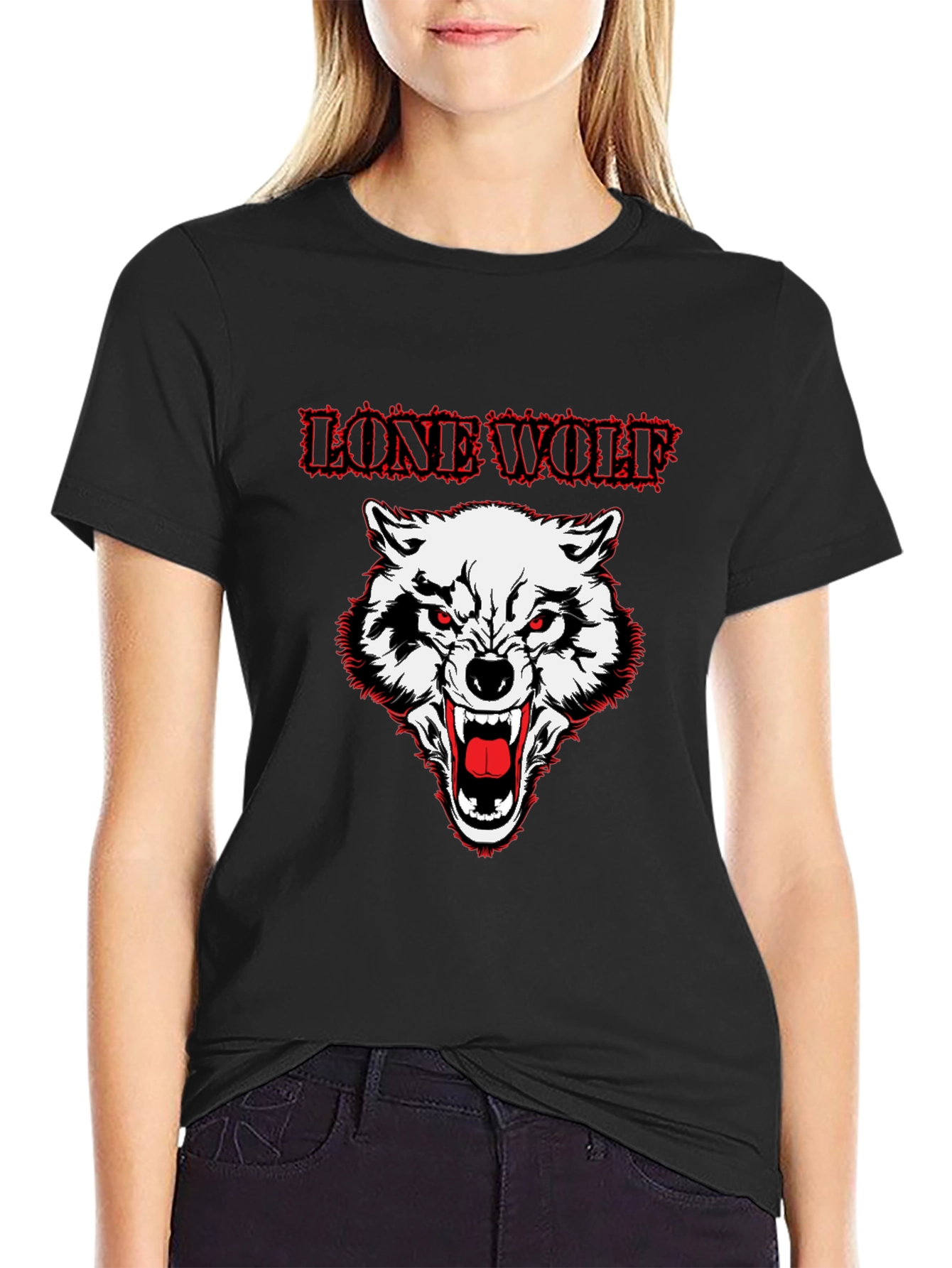 Lone Wolf Graphic Print Crew Neck T-Shirt - Black