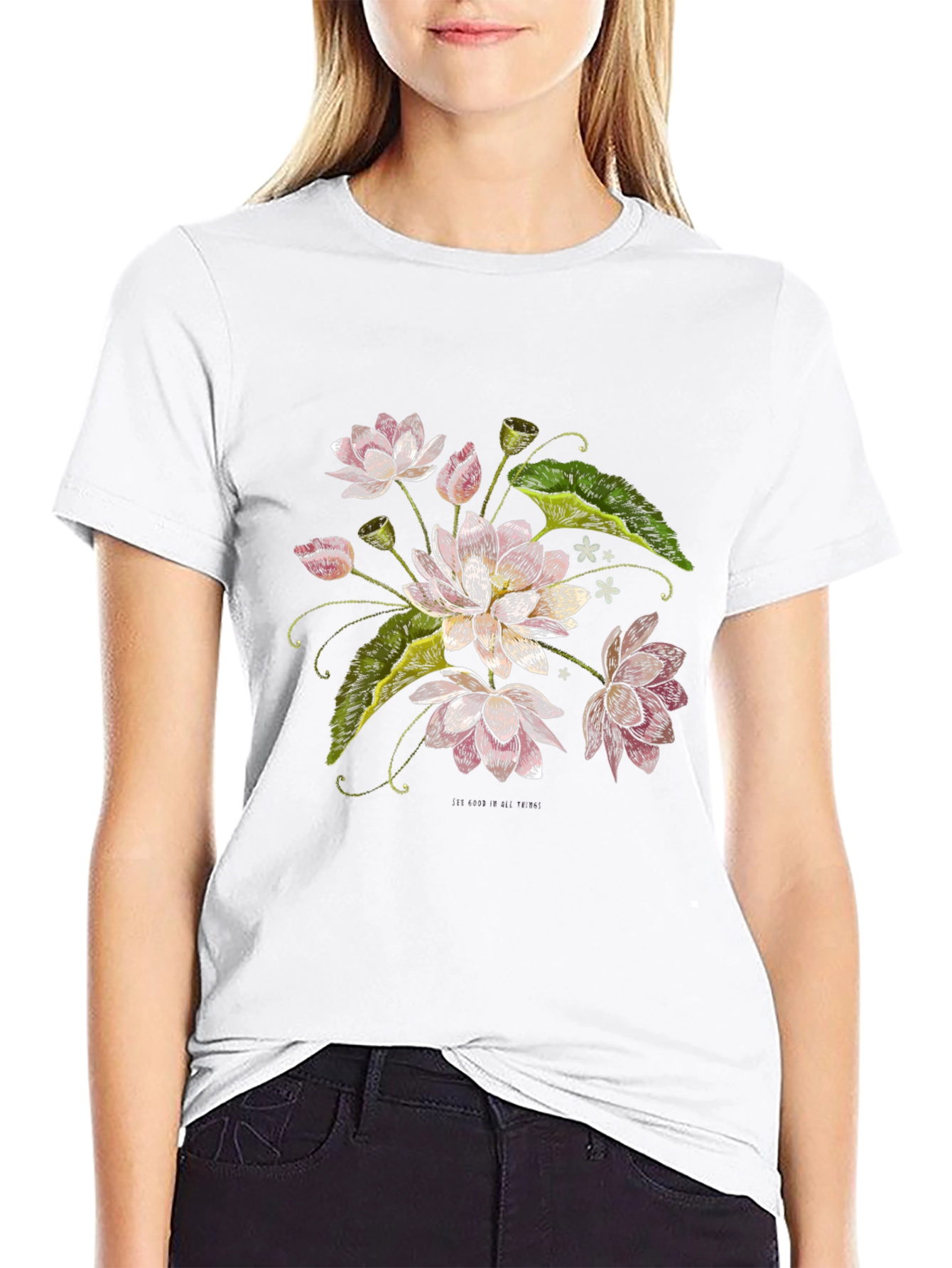 Lotus Flower Print Black T-Shirt