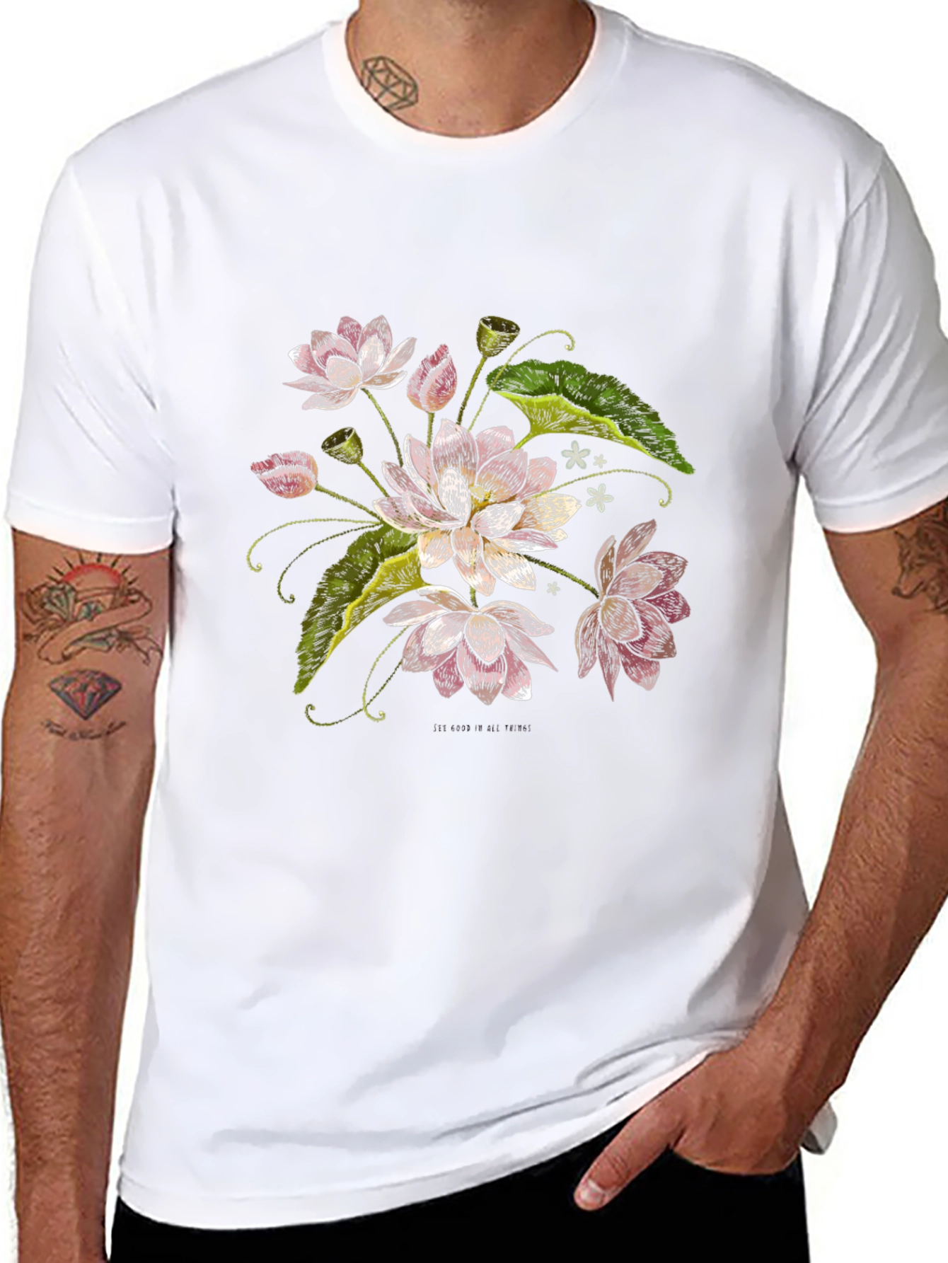 Lotus Flower Print Black T-Shirt