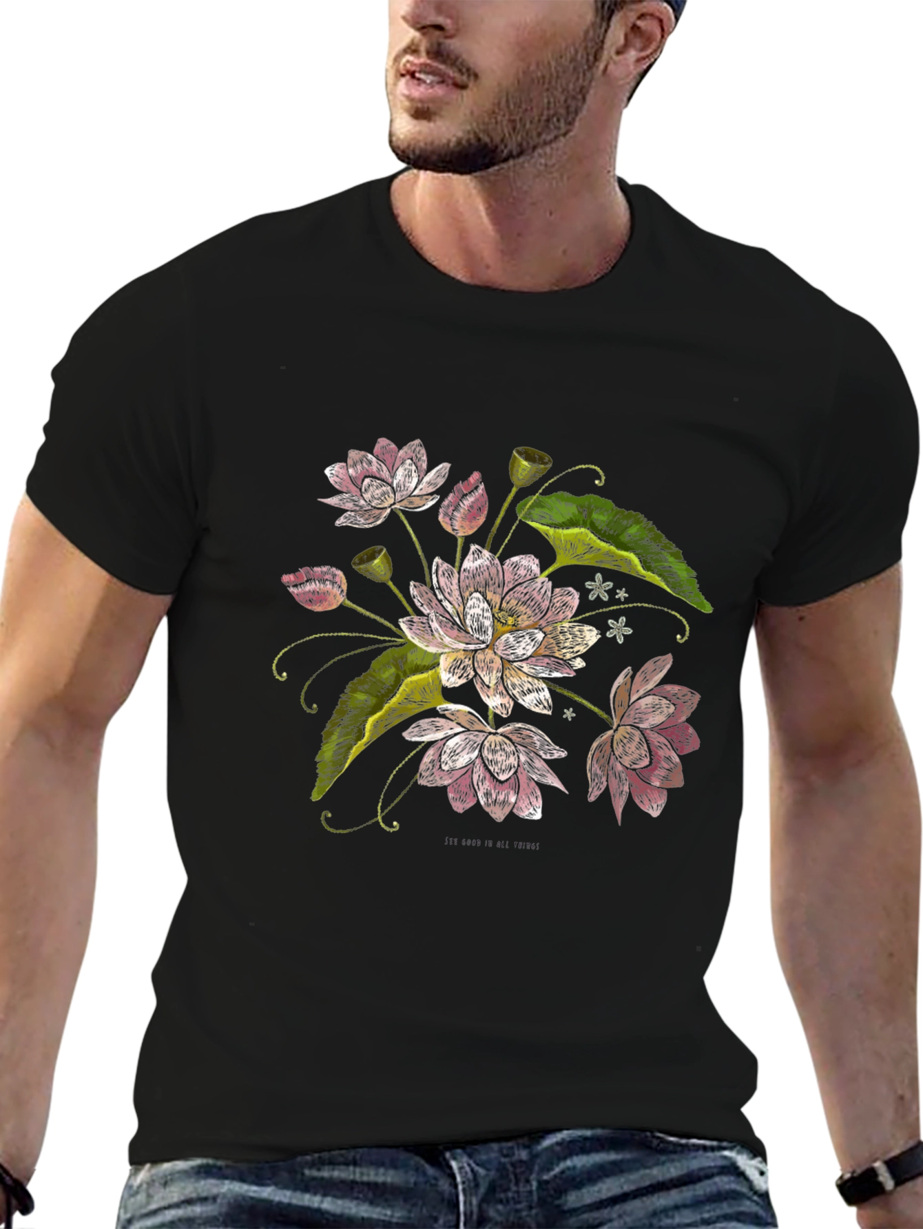 Lotus Flower Print Black T-Shirt