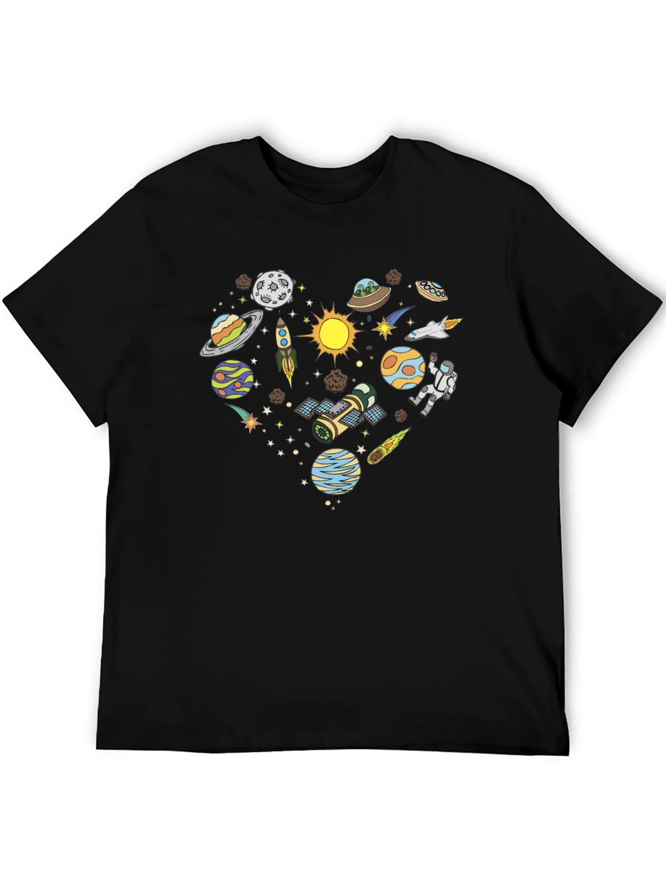 Space Heart Graphic Tee - Black Cotton Shirt