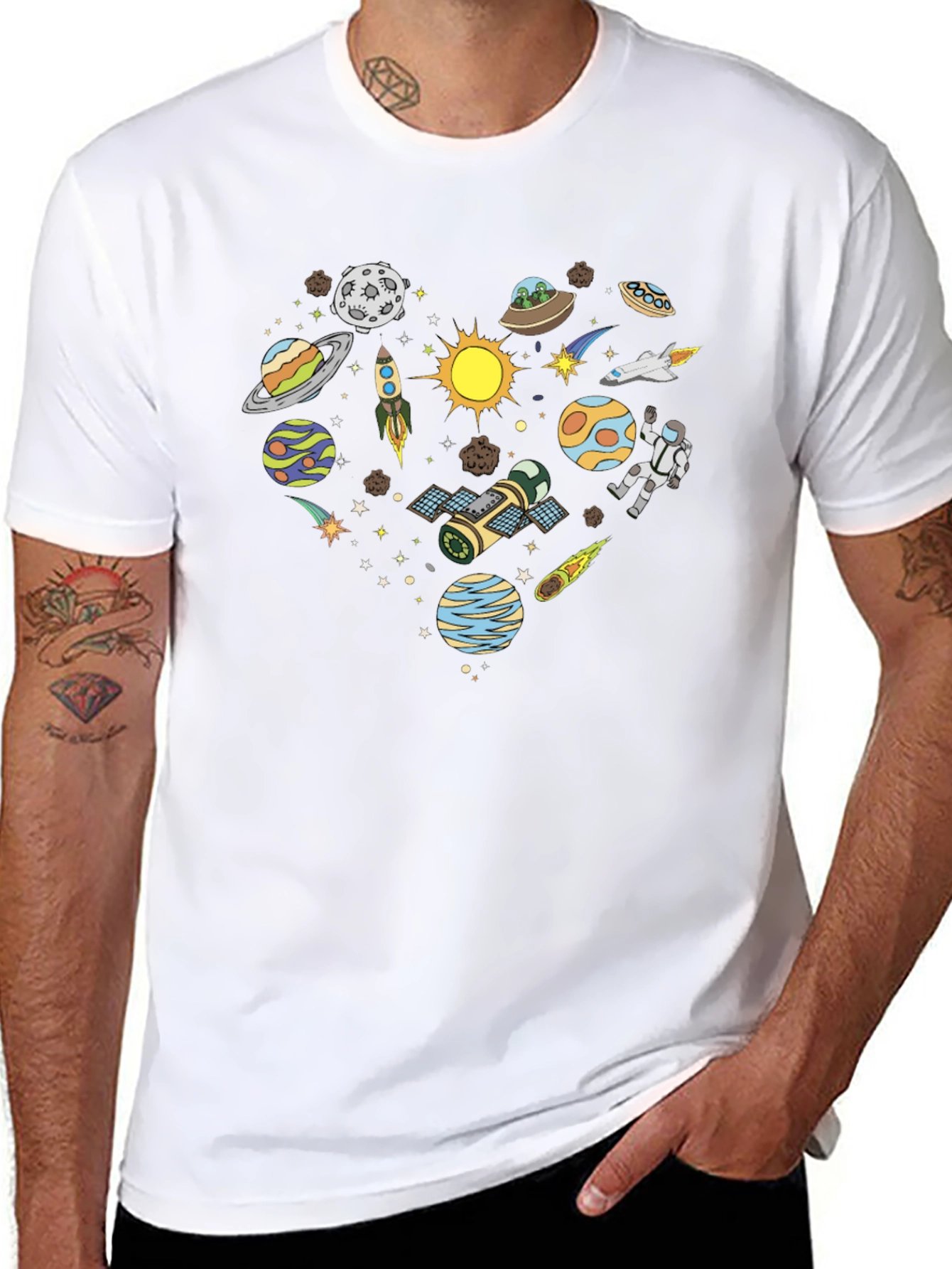 Space Heart Graphic Tee - Black Cotton Shirt