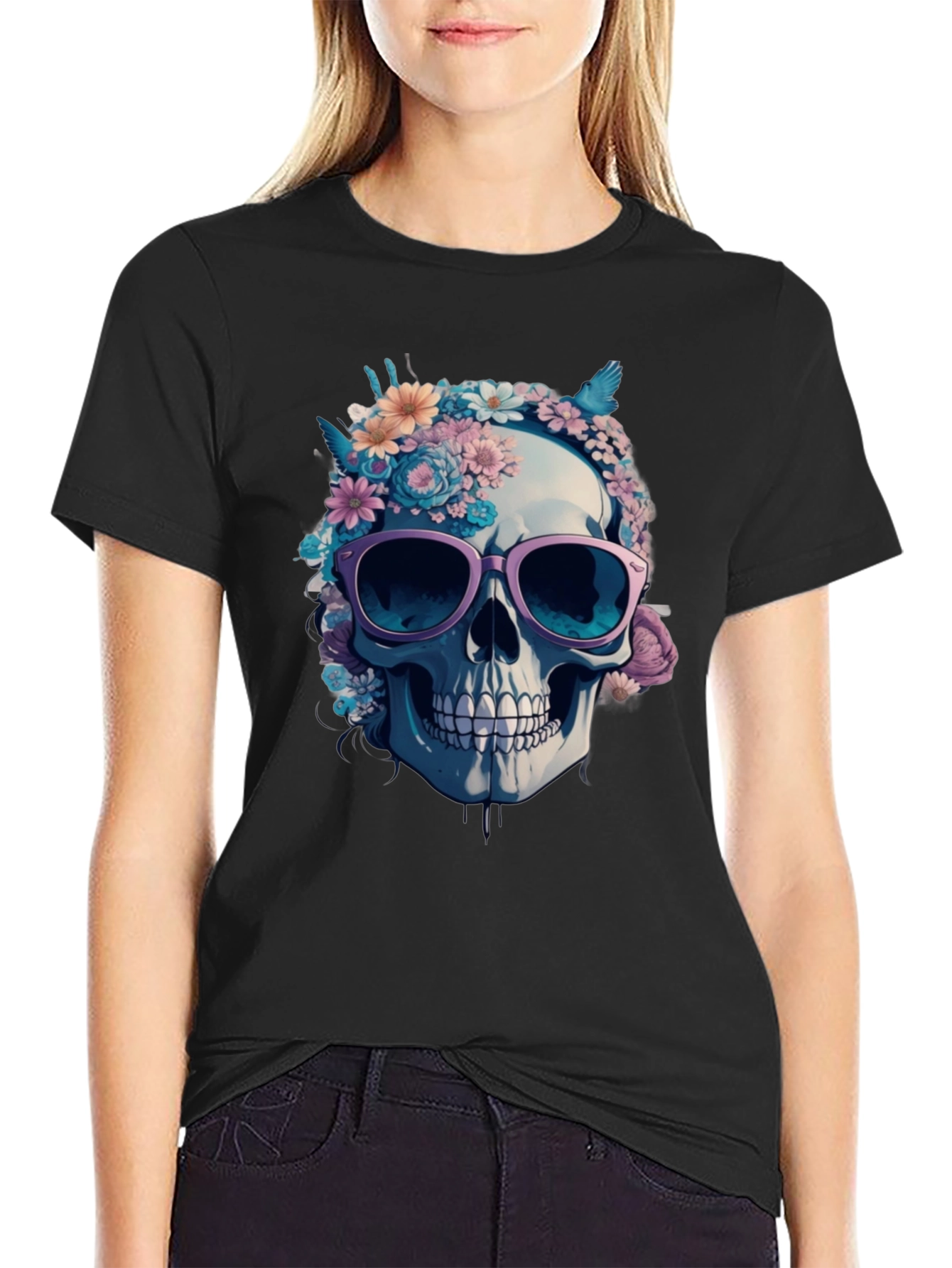 Floral Skull Graphic Tee - Stylish Skull T-Shirt