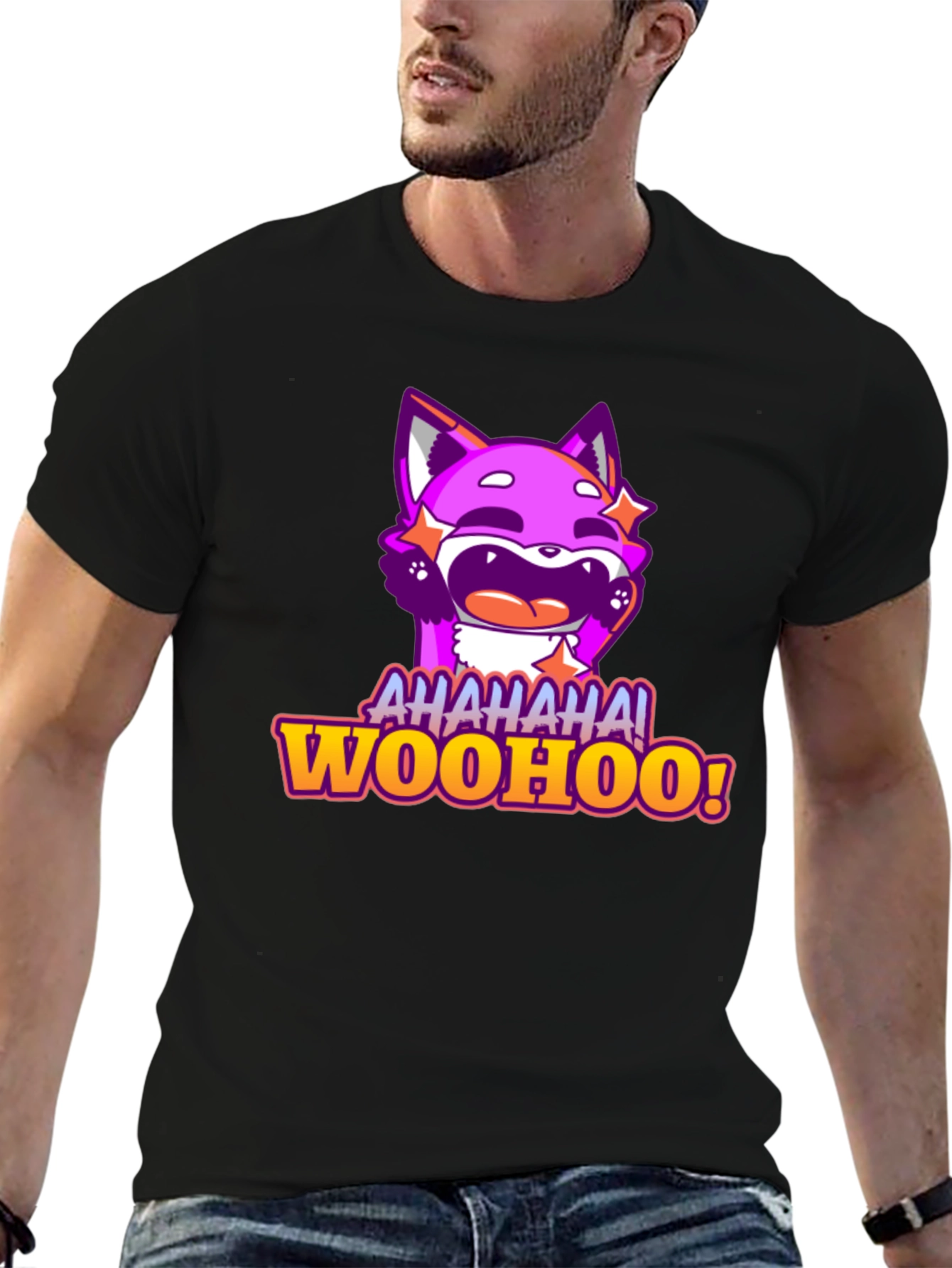 Funny Purple Fox Cartoon Graphic Tee - AHAHAA! WOOHOO!