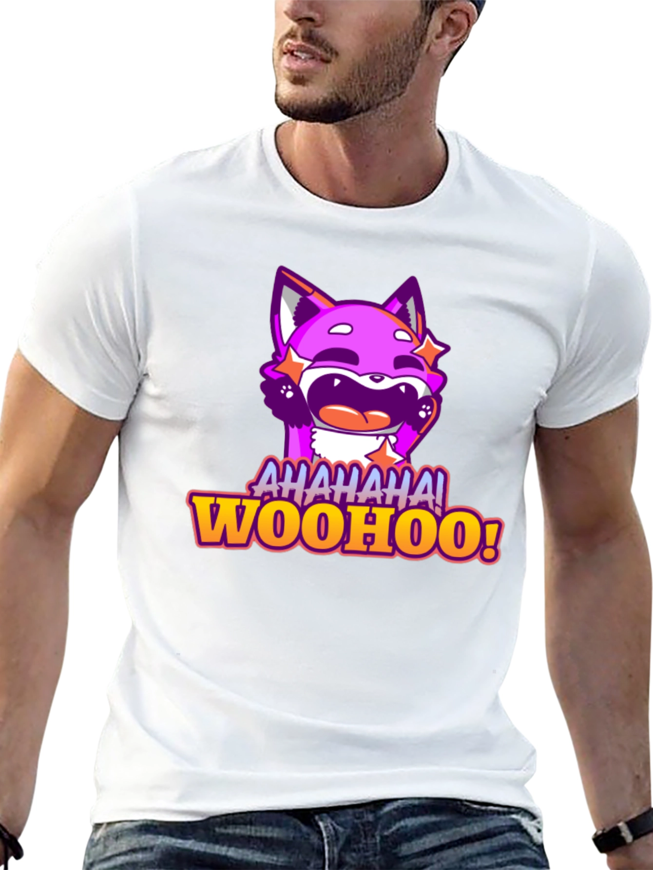Funny Purple Fox Cartoon Graphic Tee - AHAHAA! WOOHOO!