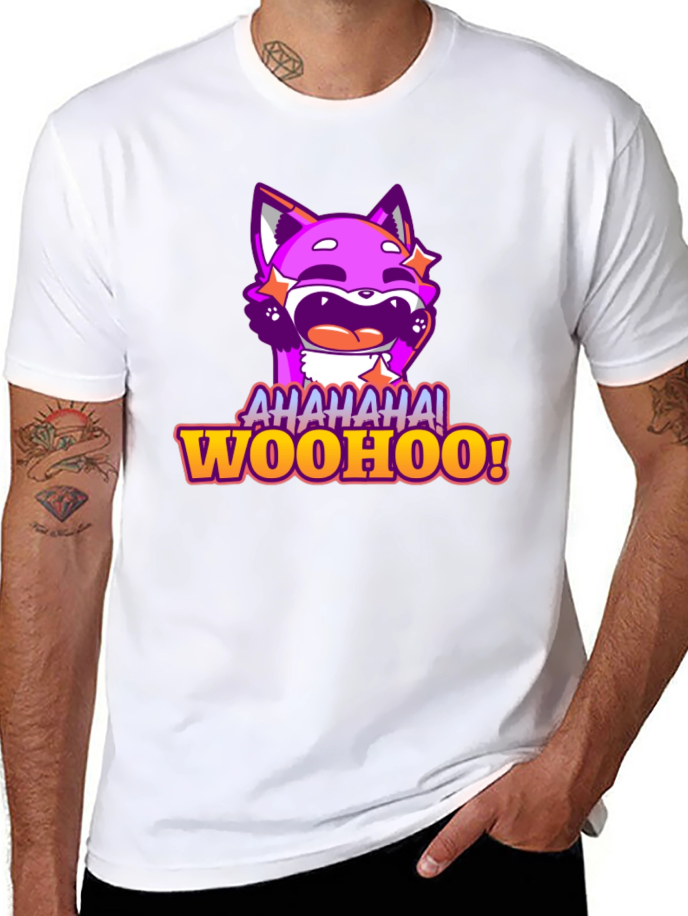 Funny Purple Fox Cartoon Graphic Tee - AHAHAA! WOOHOO!