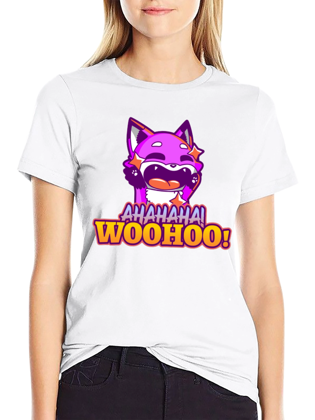 Funny Purple Fox Cartoon Graphic Tee - AHAHAA! WOOHOO!
