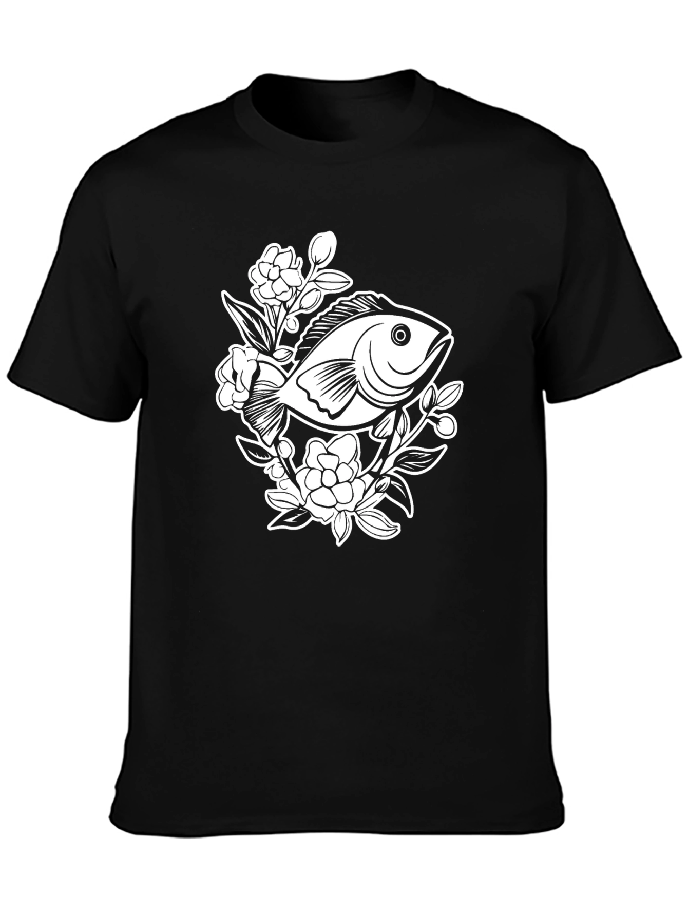 Black T-Shirt with Floral Fish Graphic