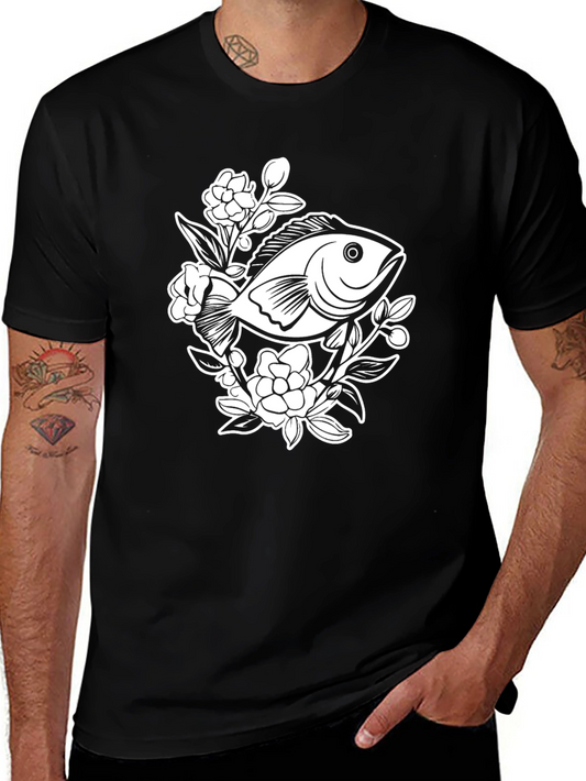 Black T-Shirt with Floral Fish Graphic