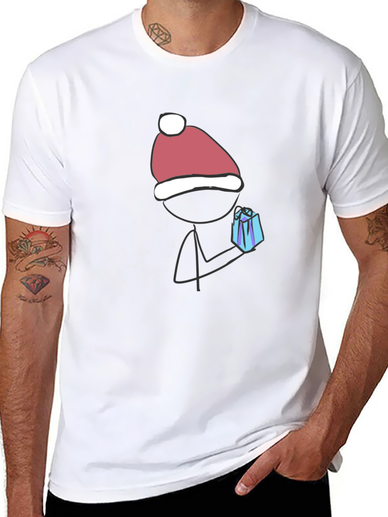Festive Stick Figure Gift Tee - Black Cotton Blend