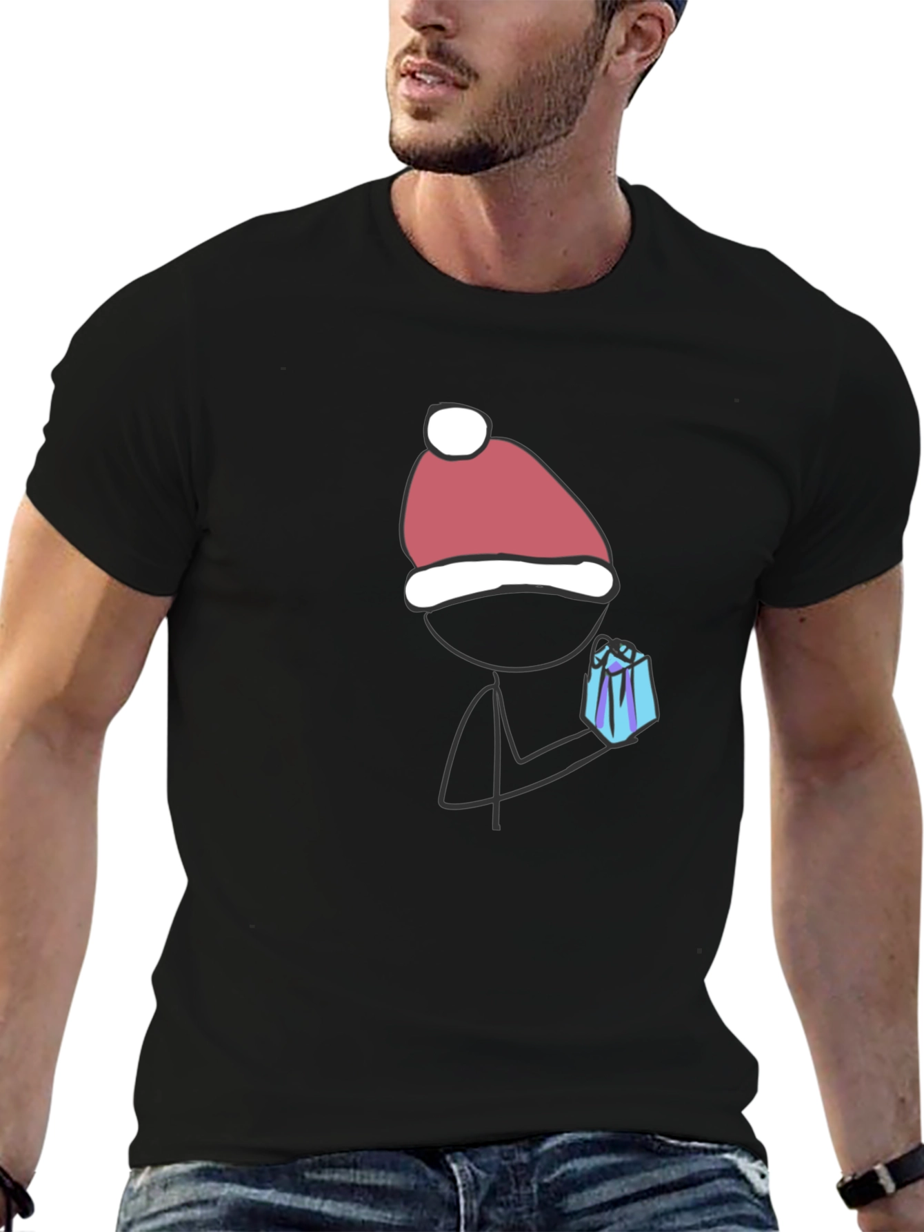 Festive Stick Figure Gift Tee - Black Cotton Blend