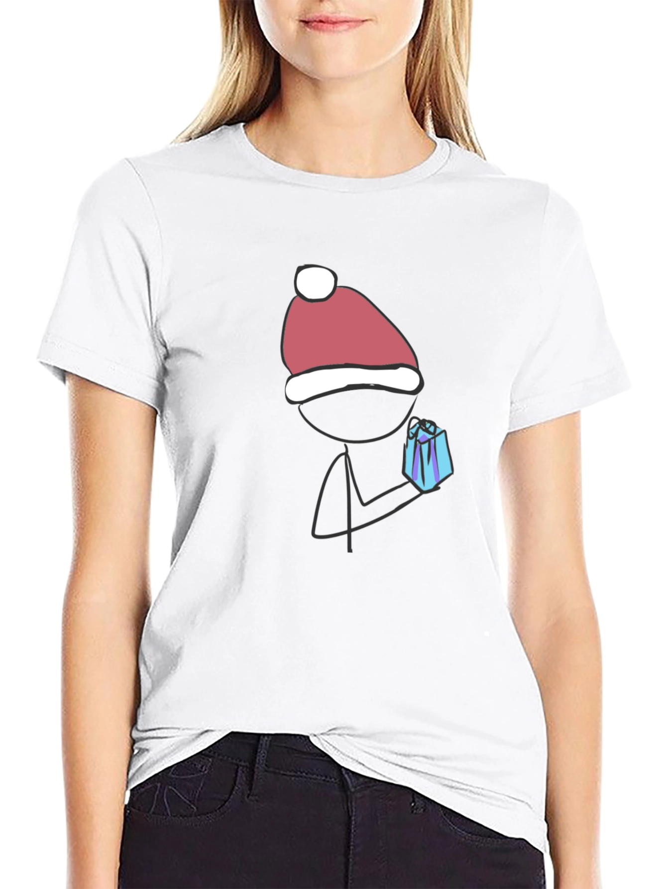 Festive Stick Figure Gift Tee - Black Cotton Blend
