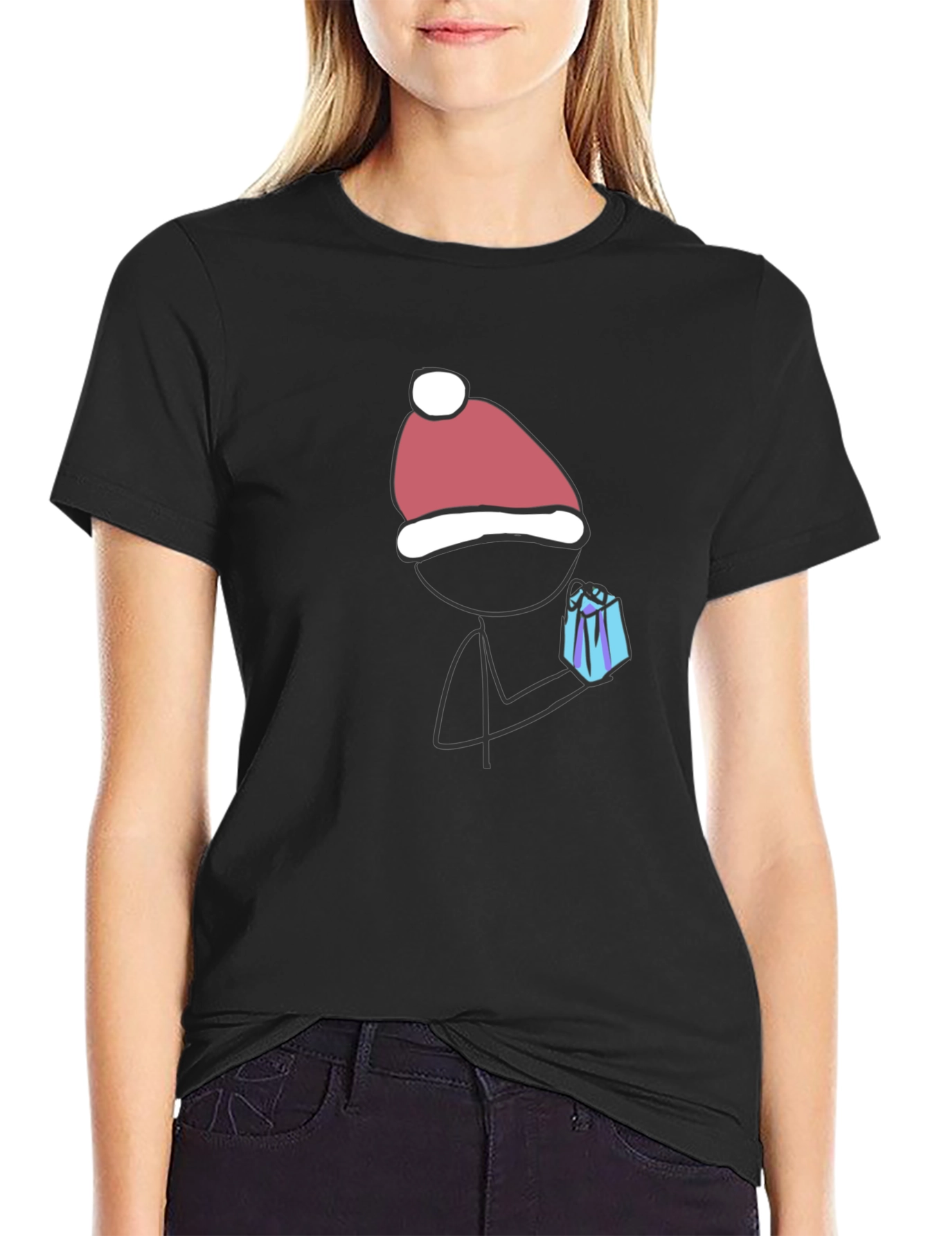 Festive Stick Figure Gift Tee - Black Cotton Blend