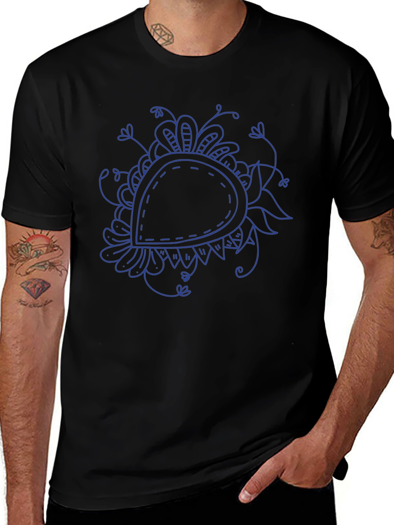Black T-Shirt with Blue Paisley Design
