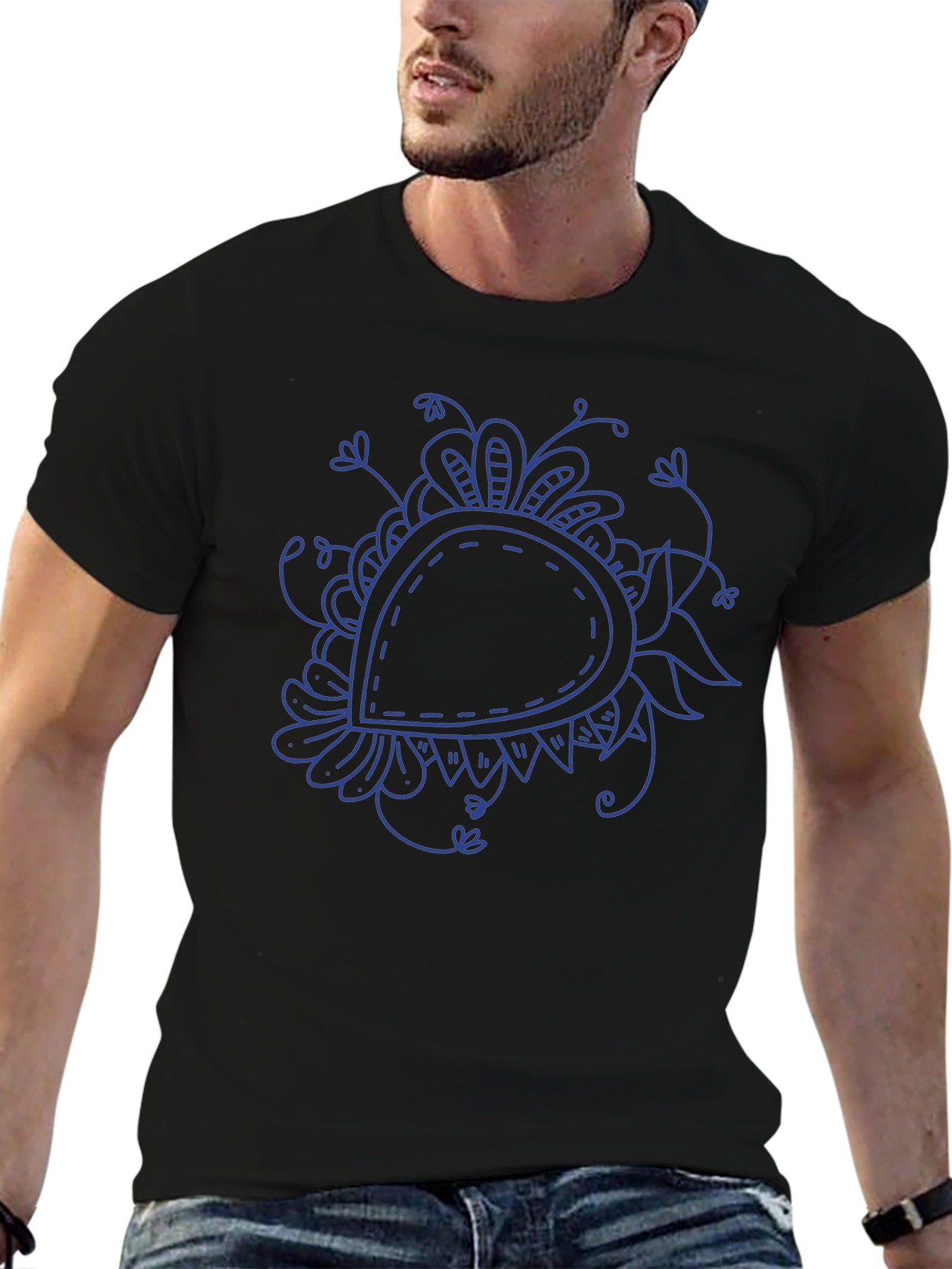Black T-Shirt with Blue Paisley Design