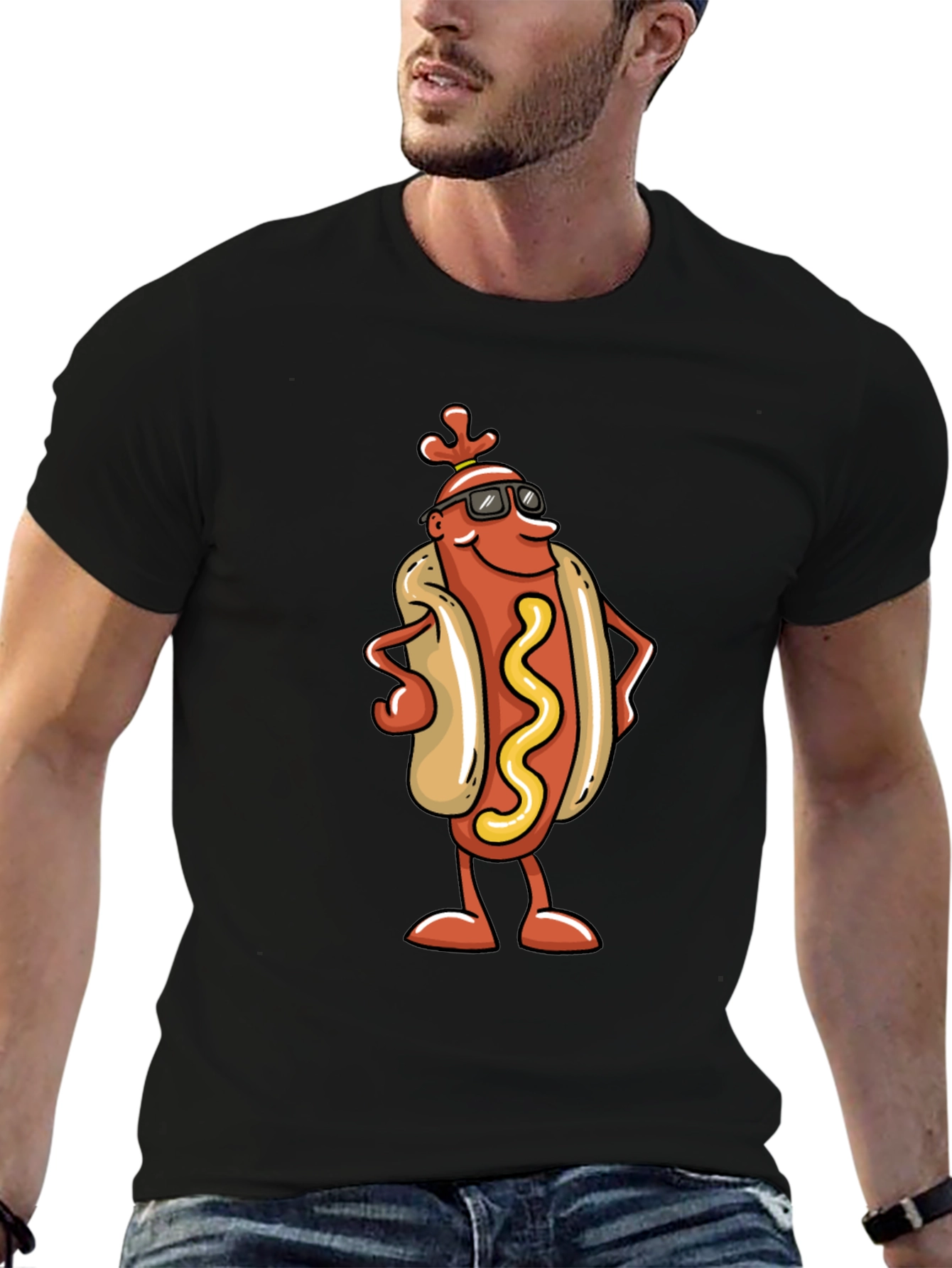 Cool Hot Dog Cartoon Black T-Shirt