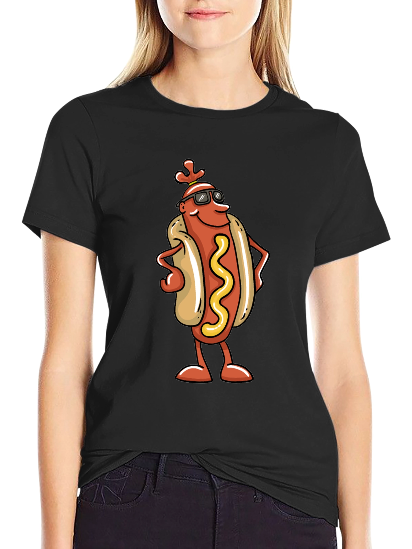 Cool Hot Dog Cartoon Black T-Shirt