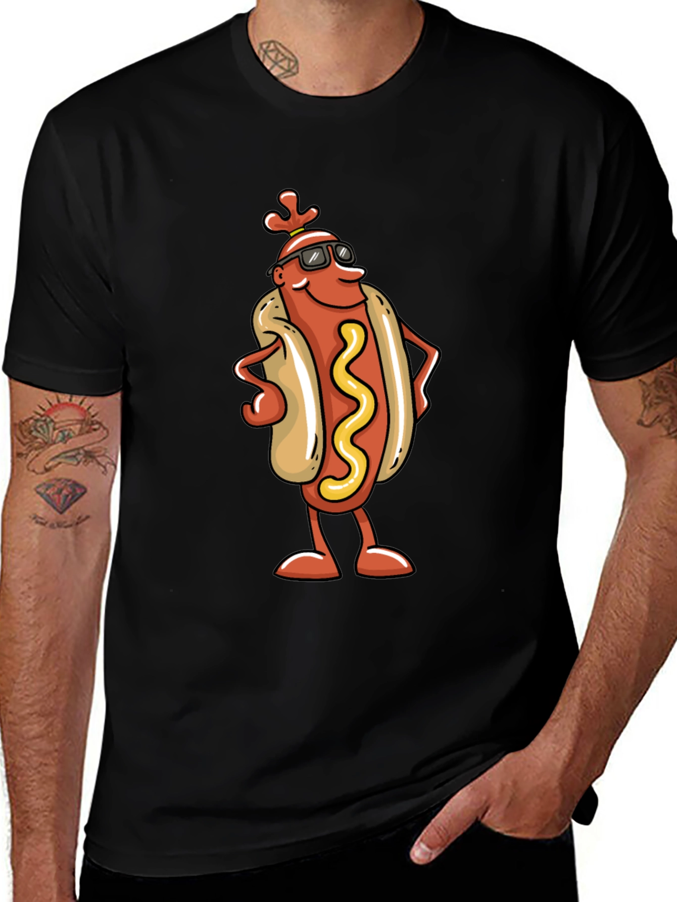 Cool Hot Dog Cartoon Black T-Shirt