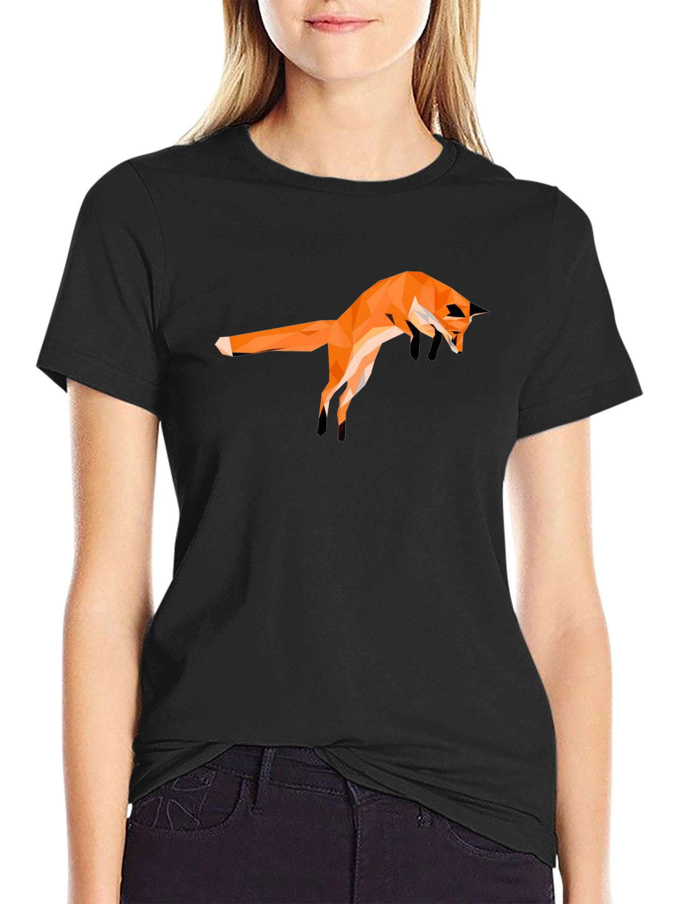 Geometric Fox Graphic Tee - Modern Mens Black T-Shirt
