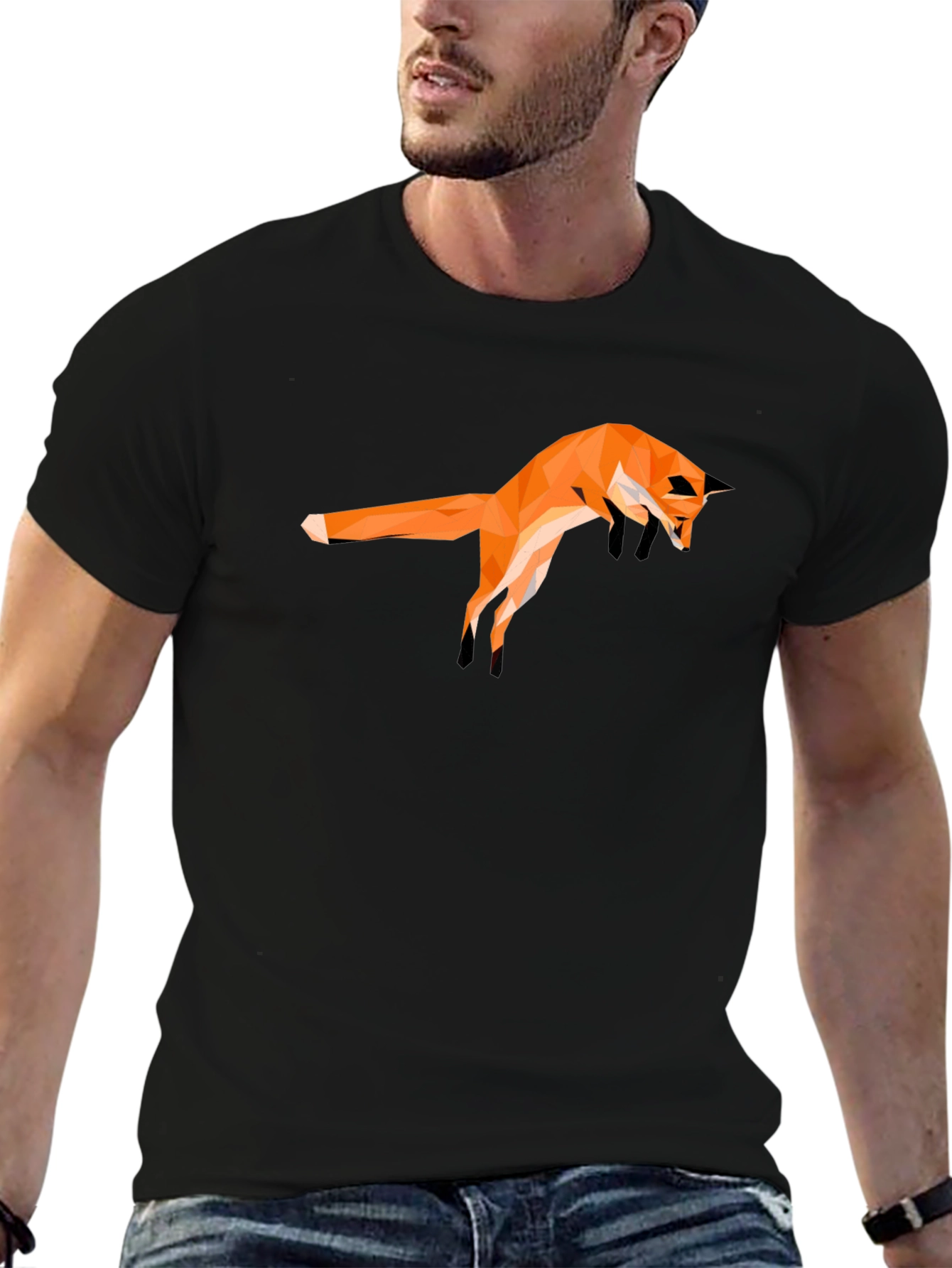 Geometric Fox Graphic Tee - Modern Mens Black T-Shirt