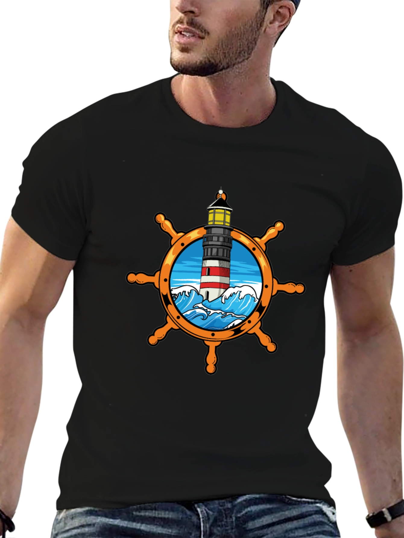 Nautical Lighthouse Wheel Graphic T-Shirt