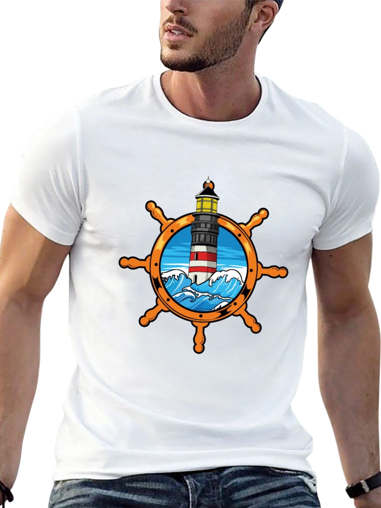 Nautical Lighthouse Wheel Graphic T-Shirt
