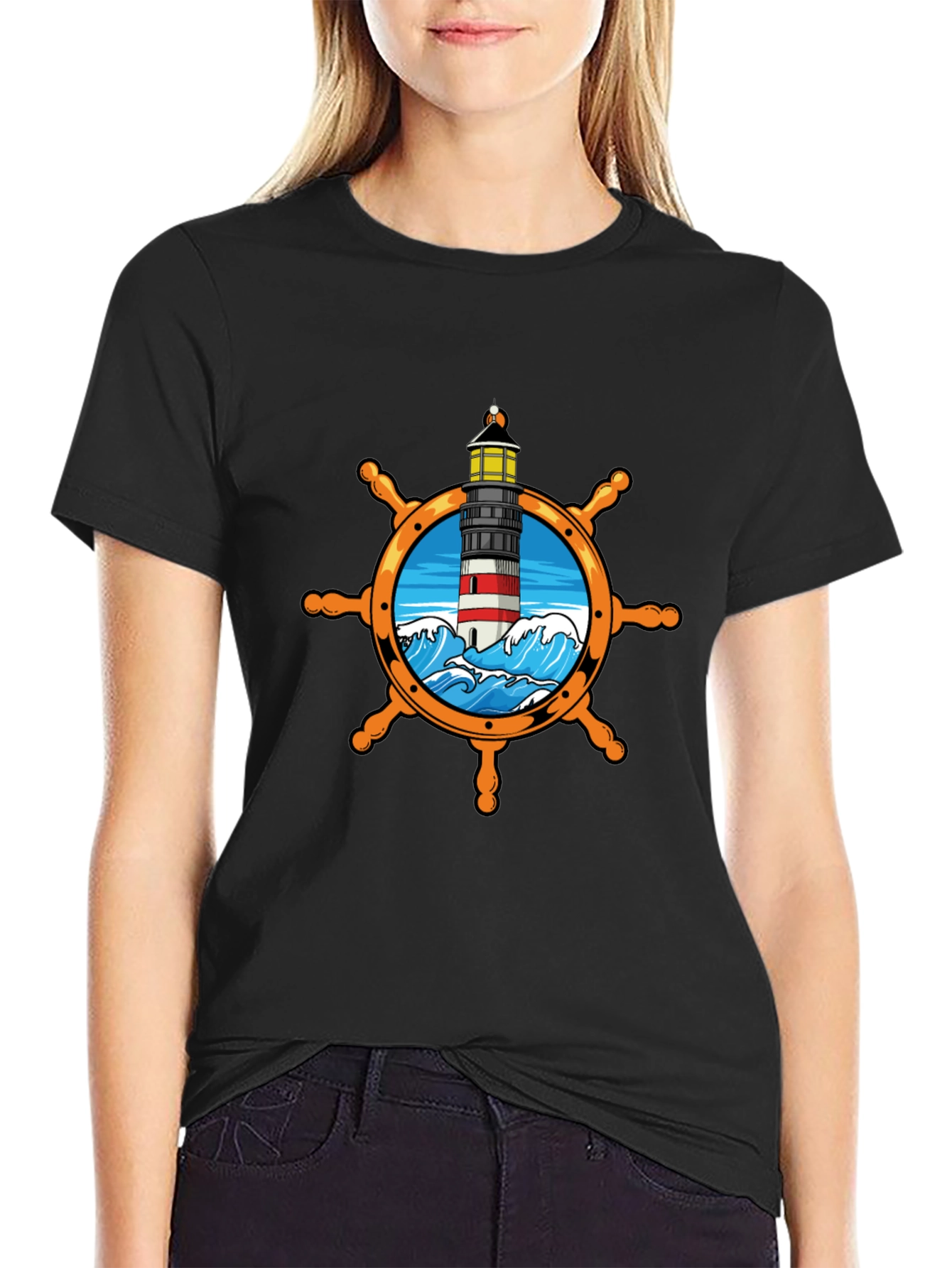 Nautical Lighthouse Wheel Graphic T-Shirt