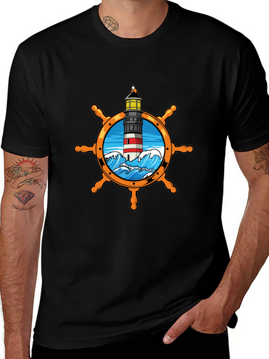 Nautical Lighthouse Wheel Graphic T-Shirt