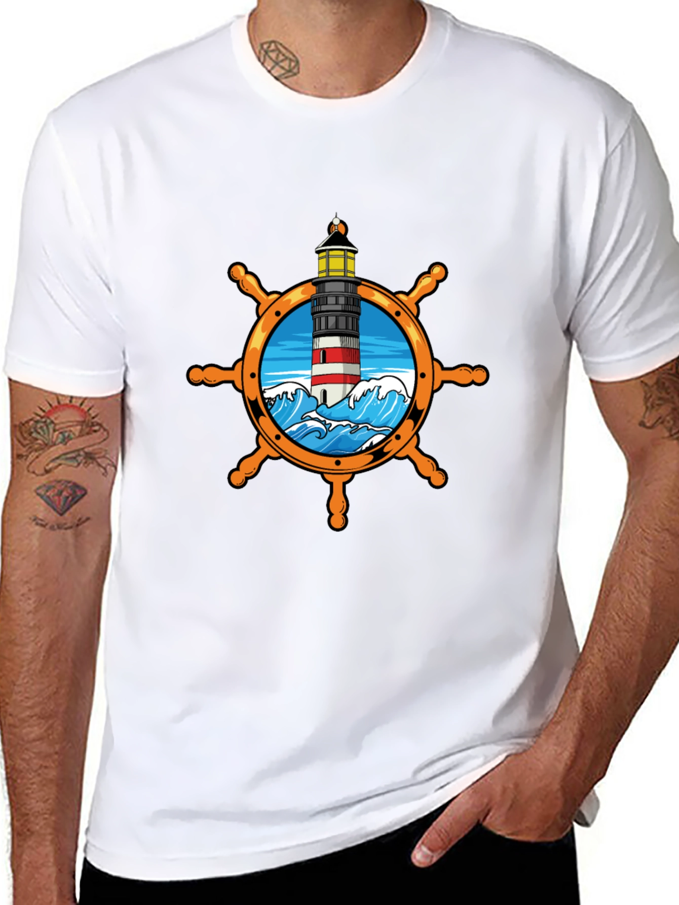 Nautical Lighthouse Wheel Graphic T-Shirt