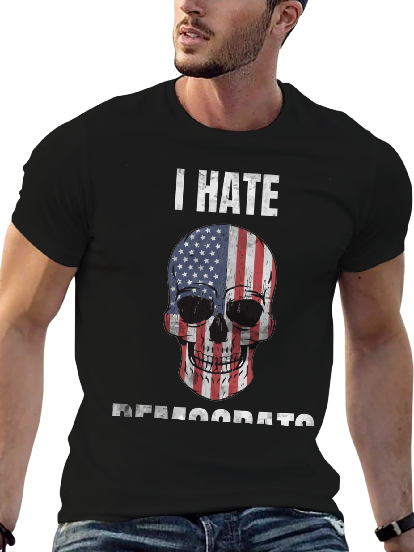 I Hate Democrats Skull USA Flag Graphic Tee
