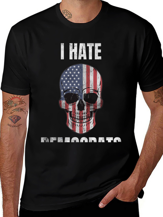 I Hate Democrats Skull USA Flag Graphic Tee