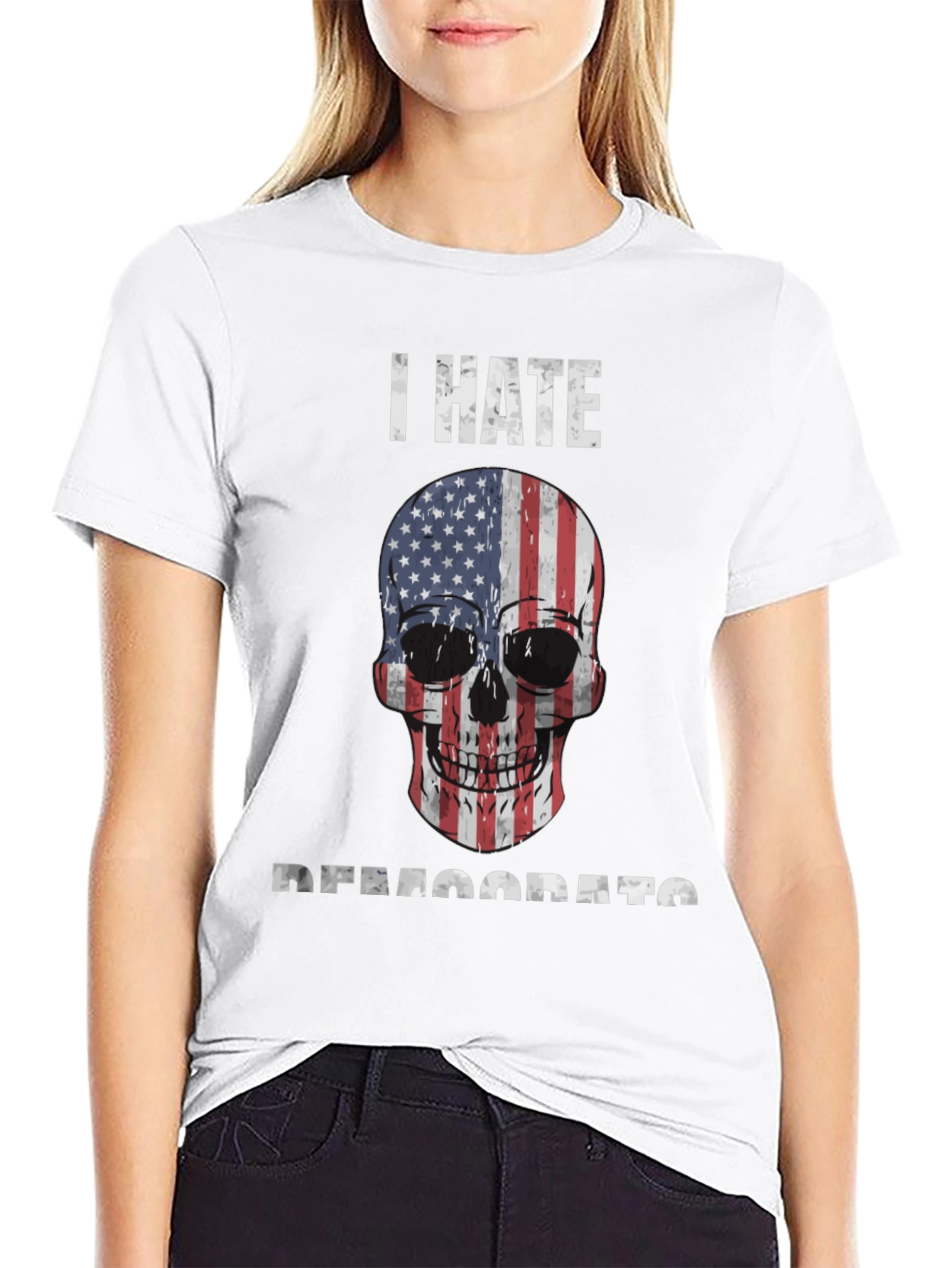 I Hate Democrats Skull USA Flag Graphic Tee