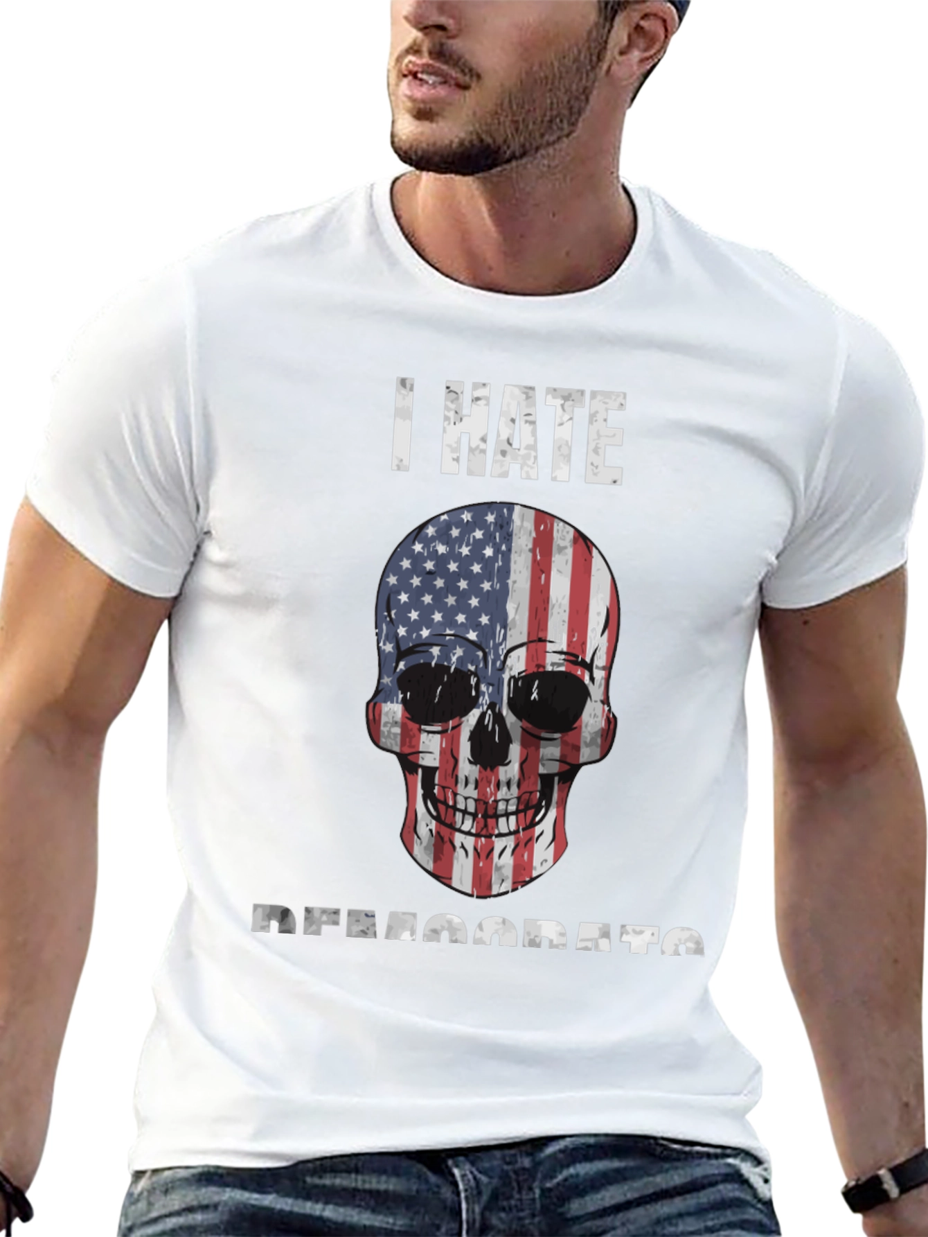 I Hate Democrats Skull USA Flag Graphic Tee