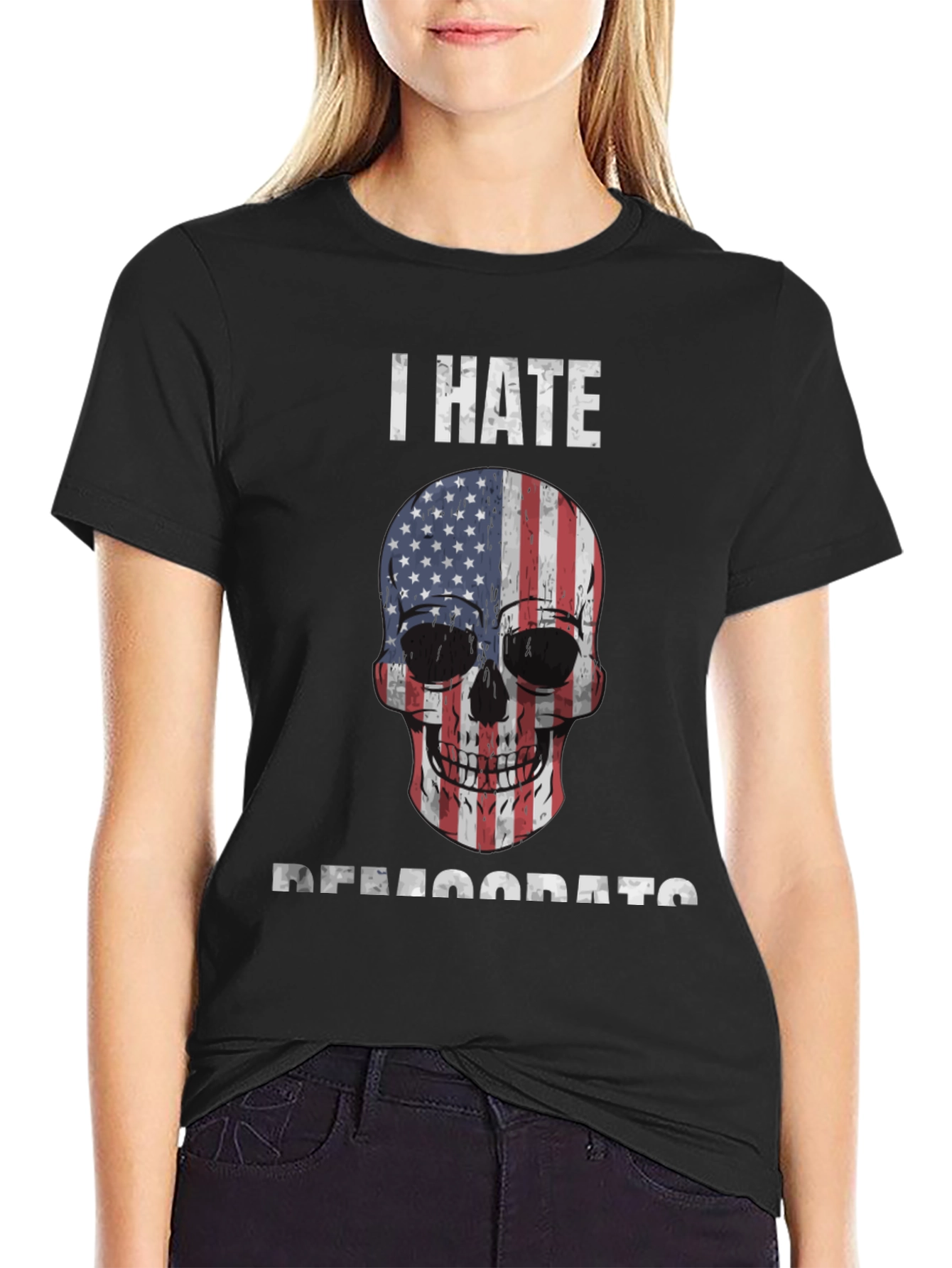 I Hate Democrats Skull USA Flag Graphic Tee