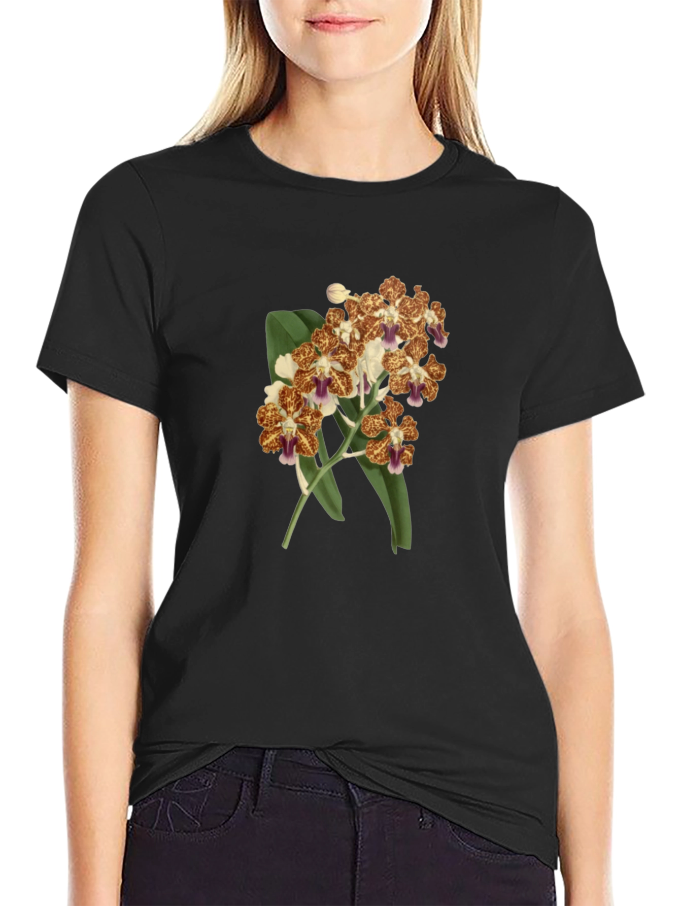 Floral Orchid Print Black T-Shirt