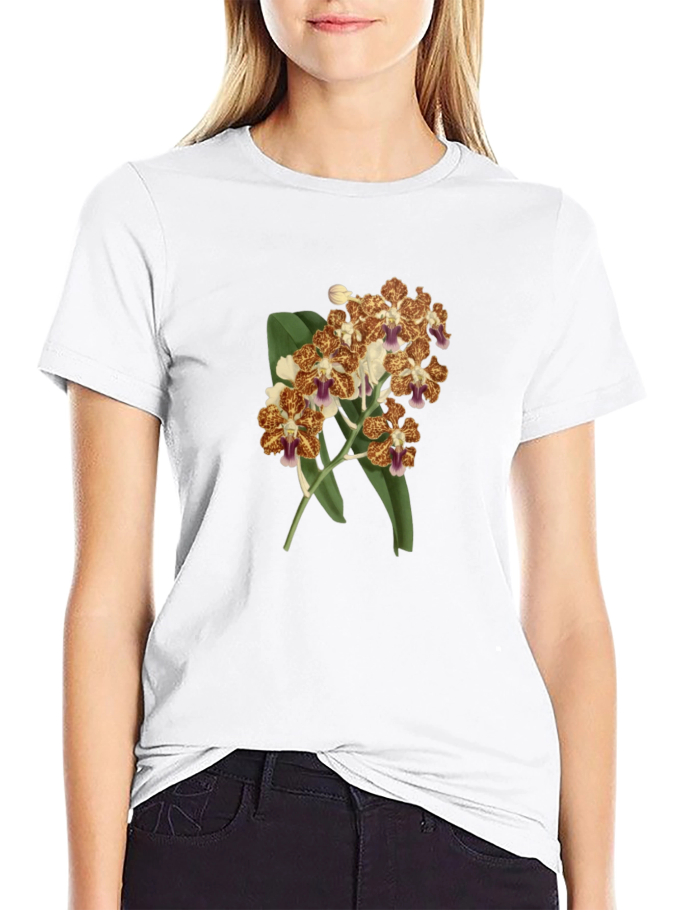 Floral Orchid Print Black T-Shirt