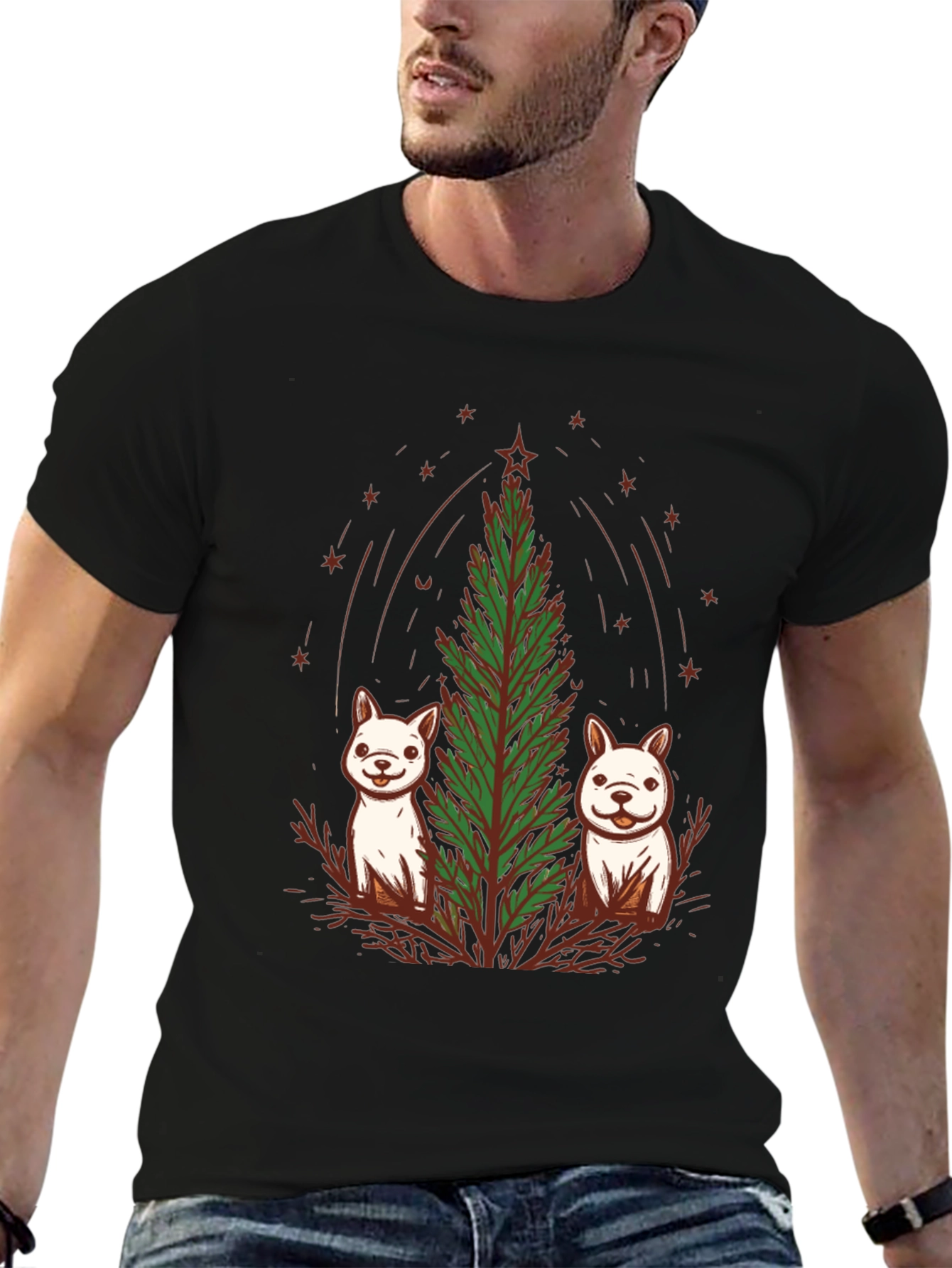 Festive Pups & Christmas Tree Black T-Shirt