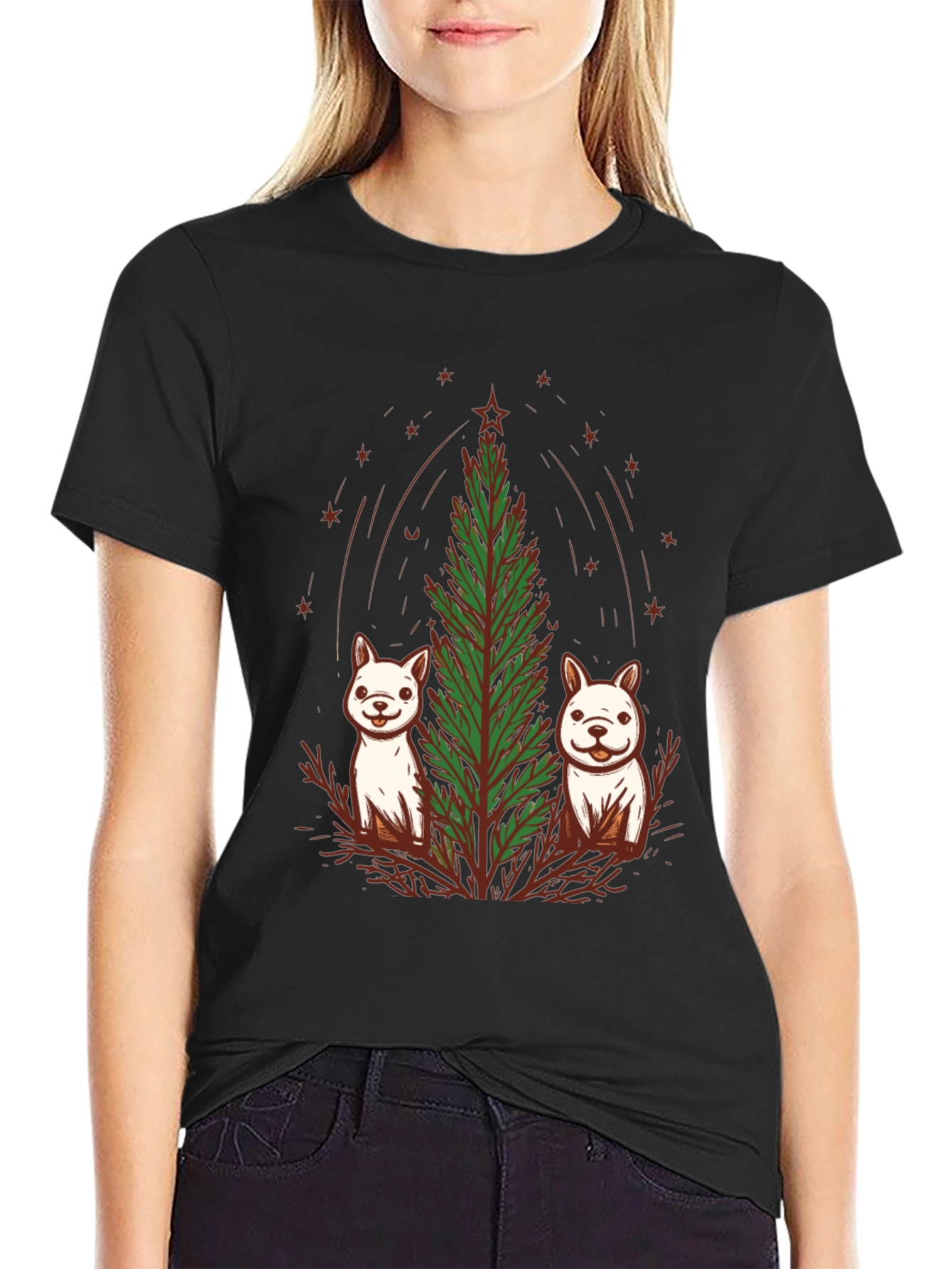 Festive Pups & Christmas Tree Black T-Shirt