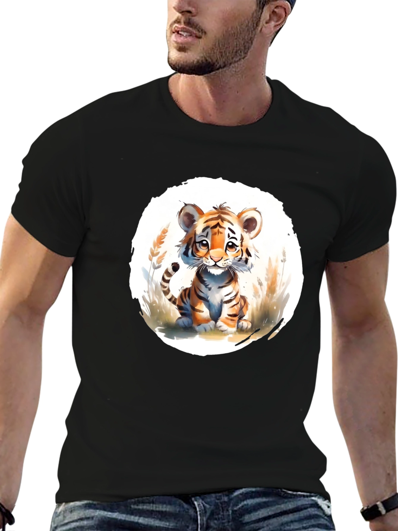 Cute Tiger Cub Graphic Black T-Shirt