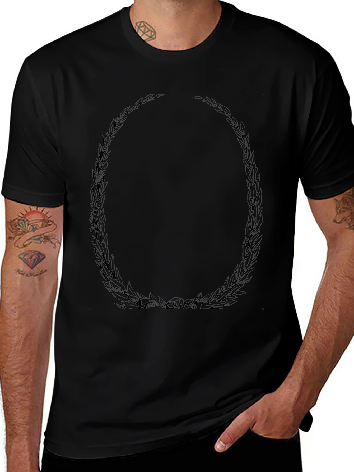 Mens Black Graphic Tee - Leaf Oval Design