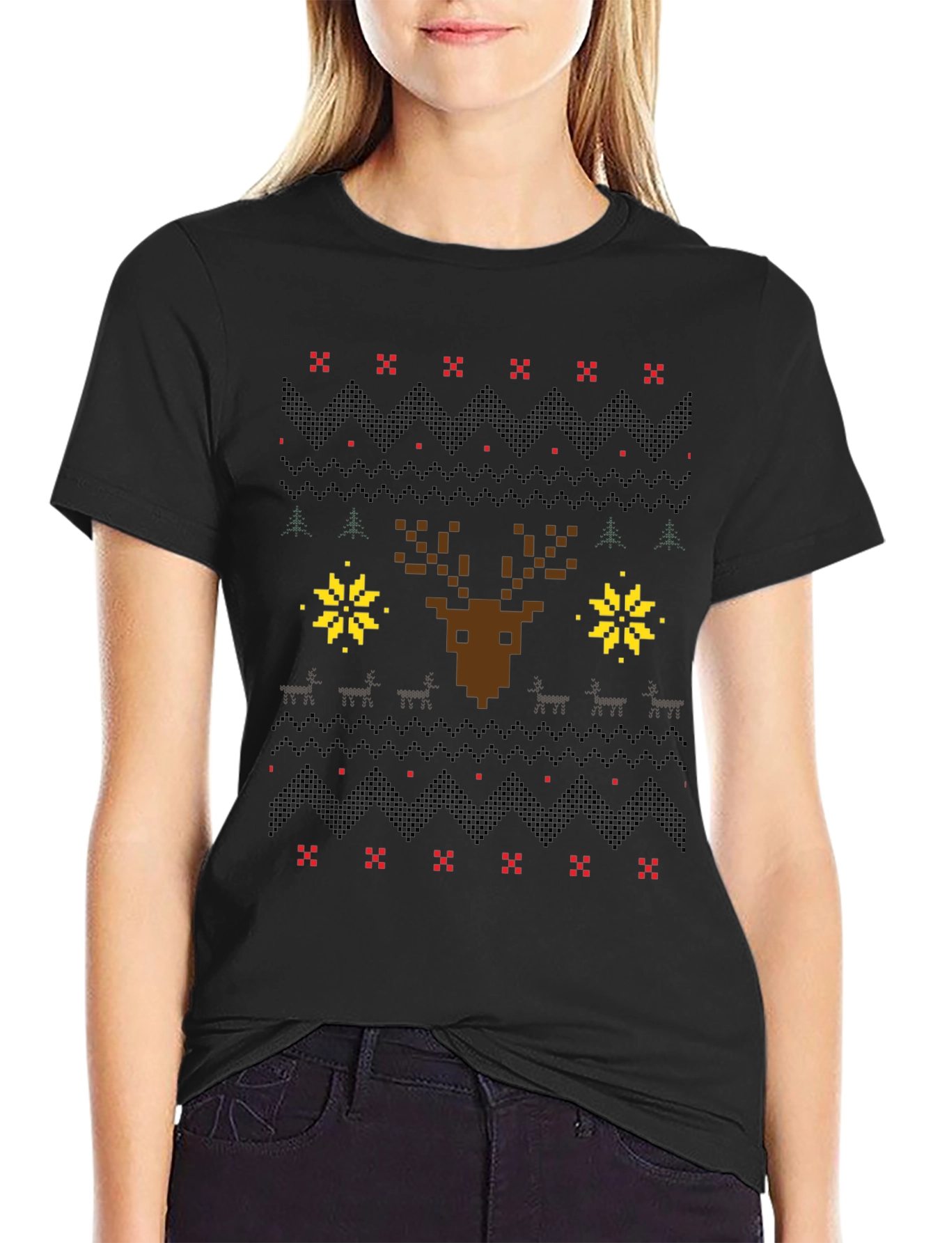 Pixel Art Christmas Deer Graphic Tee
