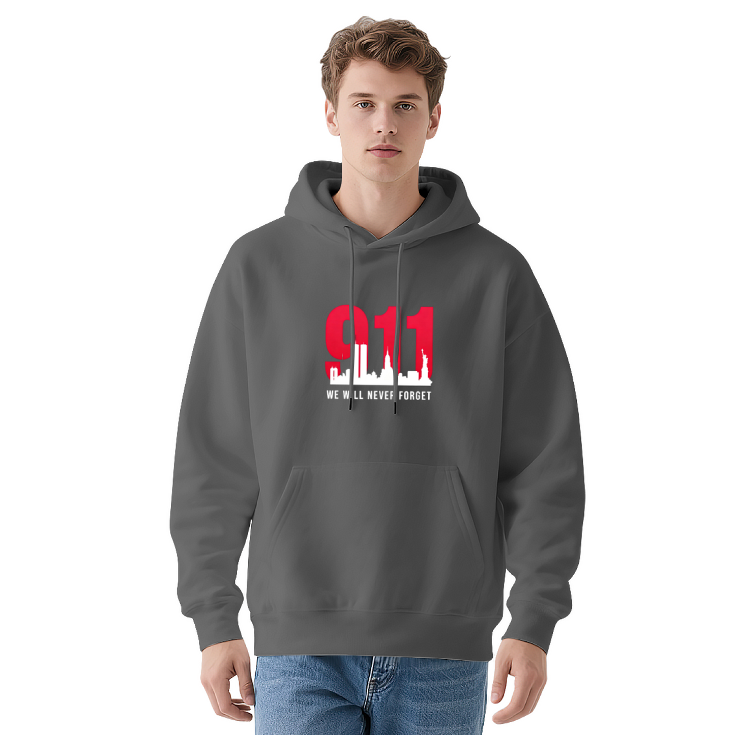 Bold Red 911 New York City Skyline We Will Never Forget Hoodie