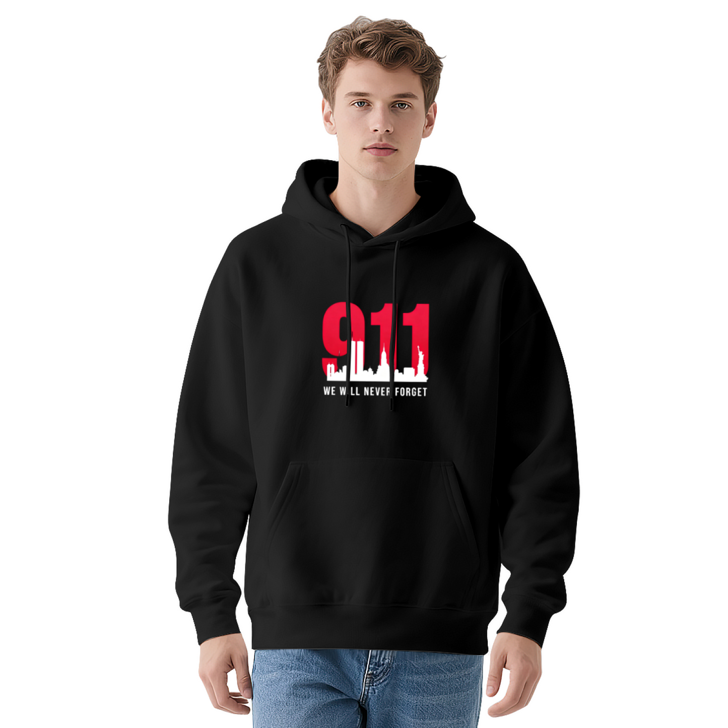 Bold Red 911 New York City Skyline We Will Never Forget Hoodie