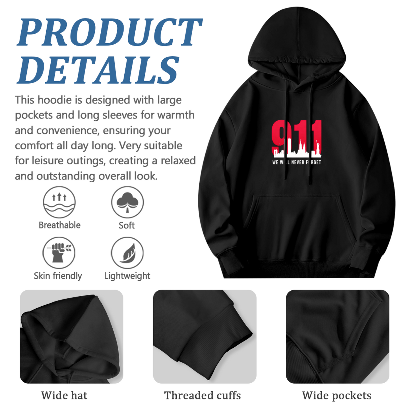 Bold Red 911 New York City Skyline We Will Never Forget Hoodie