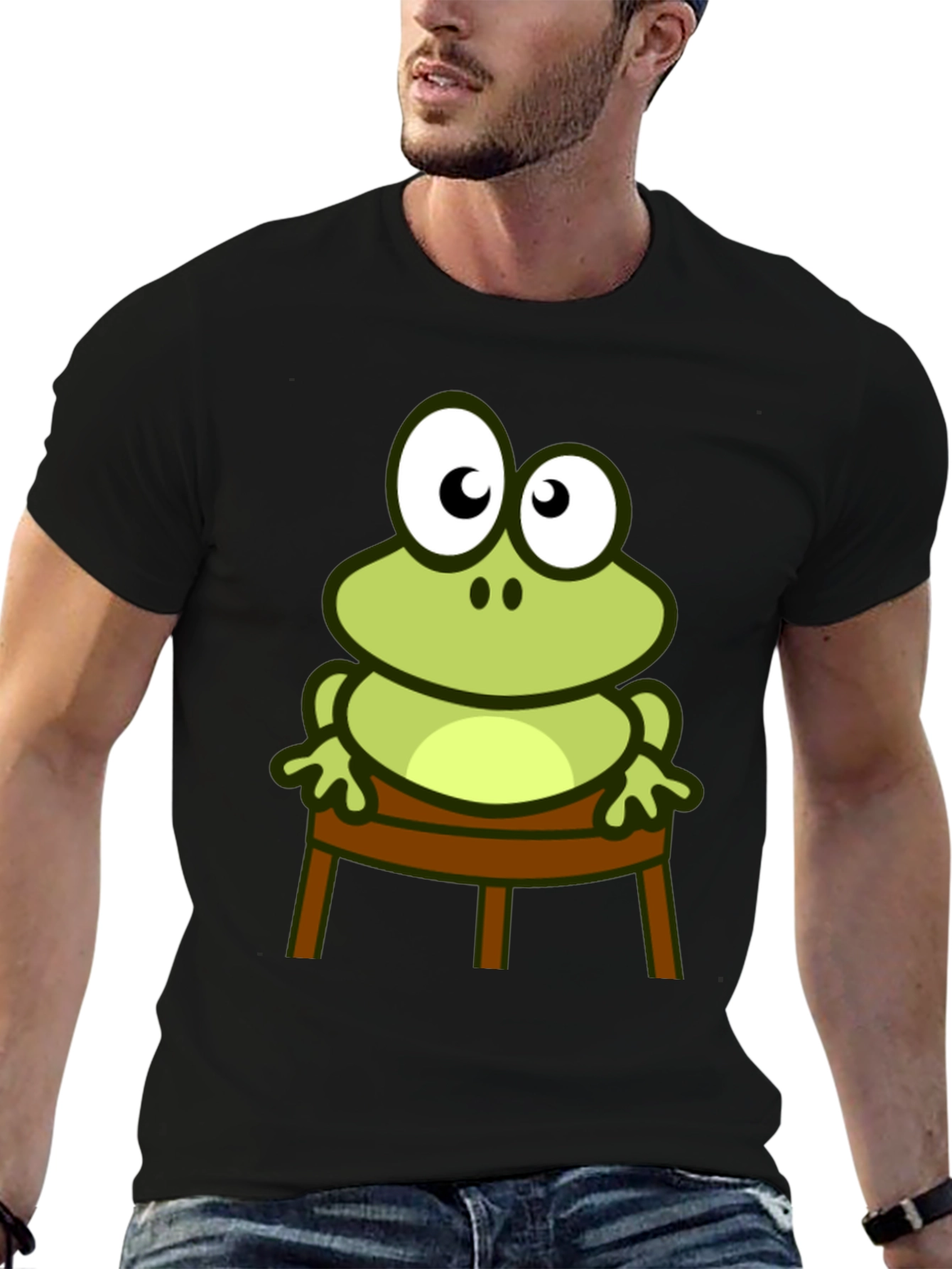 Frog on Chair Graphic Tee - Black Cotton T-Shirt