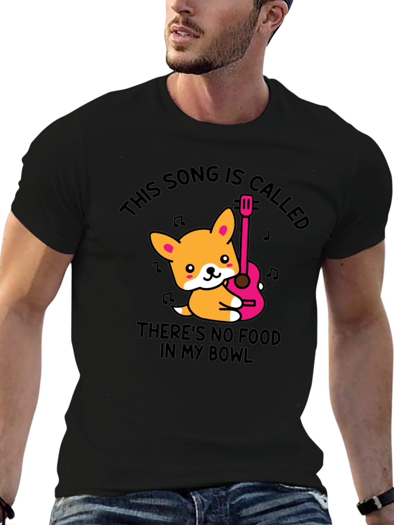 Corgi Guitar Song Black T-Shirt