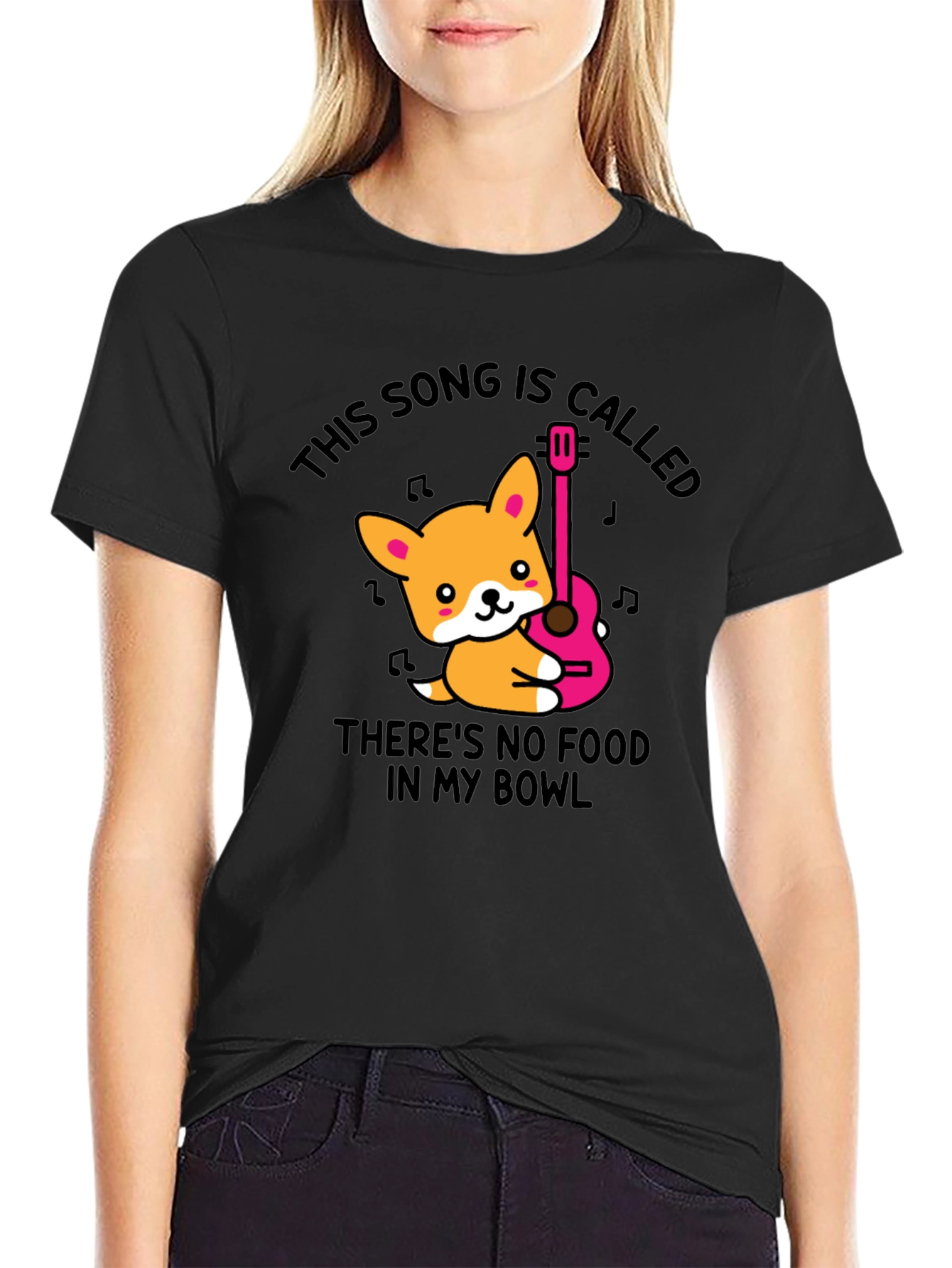 Corgi Guitar Song Black T-Shirt