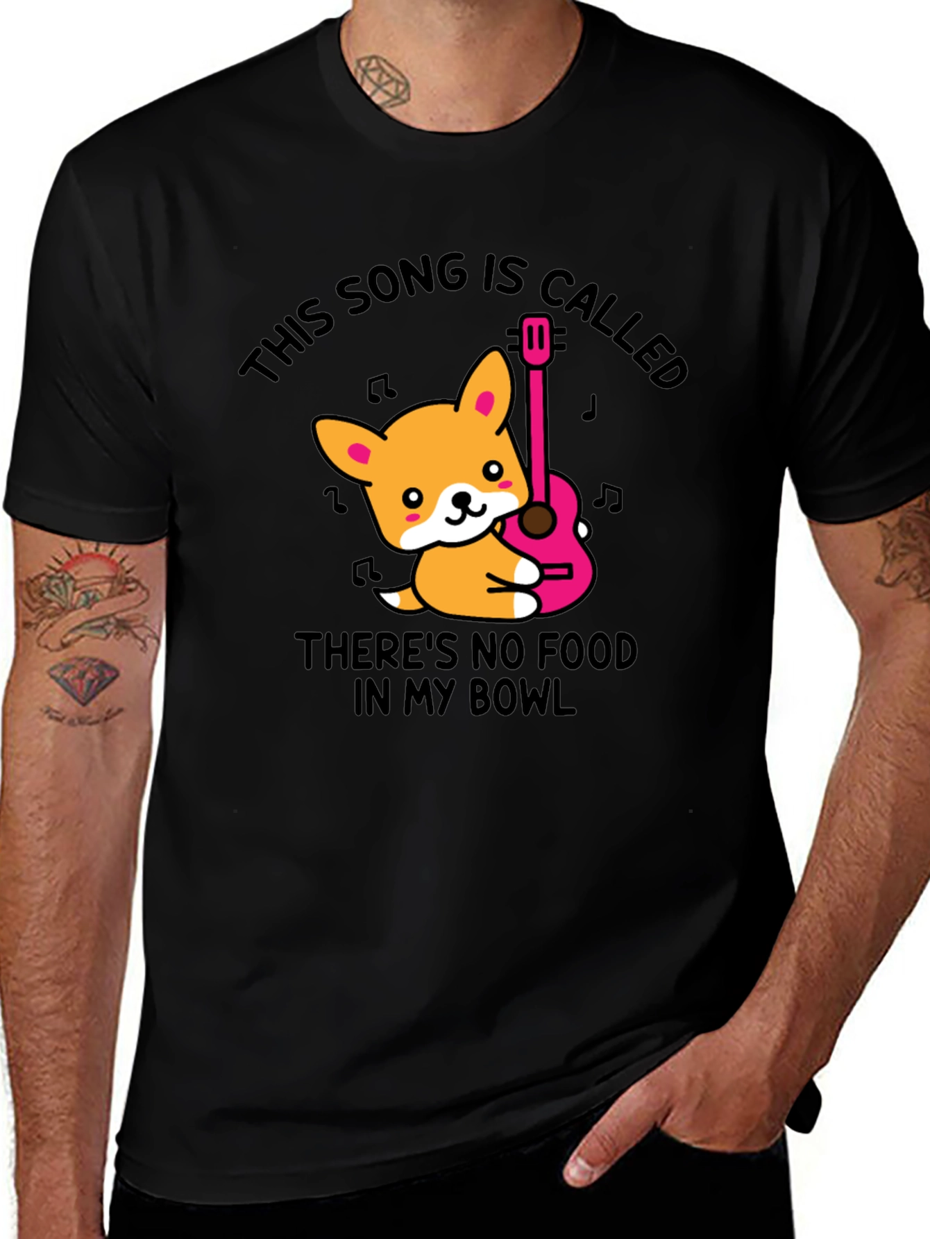 Corgi Guitar Song Black T-Shirt